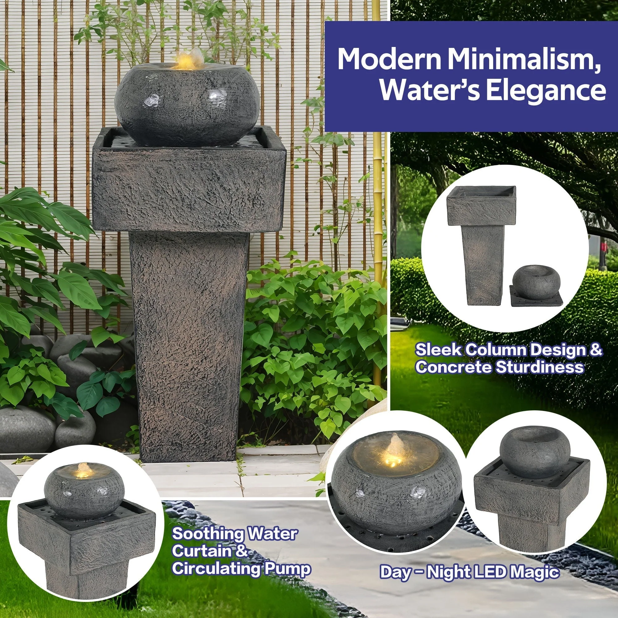 Minimalist Column Fountain With LED Lighting, Outdoor Decor For Patio, Porch And Garden - Gray - Image 3