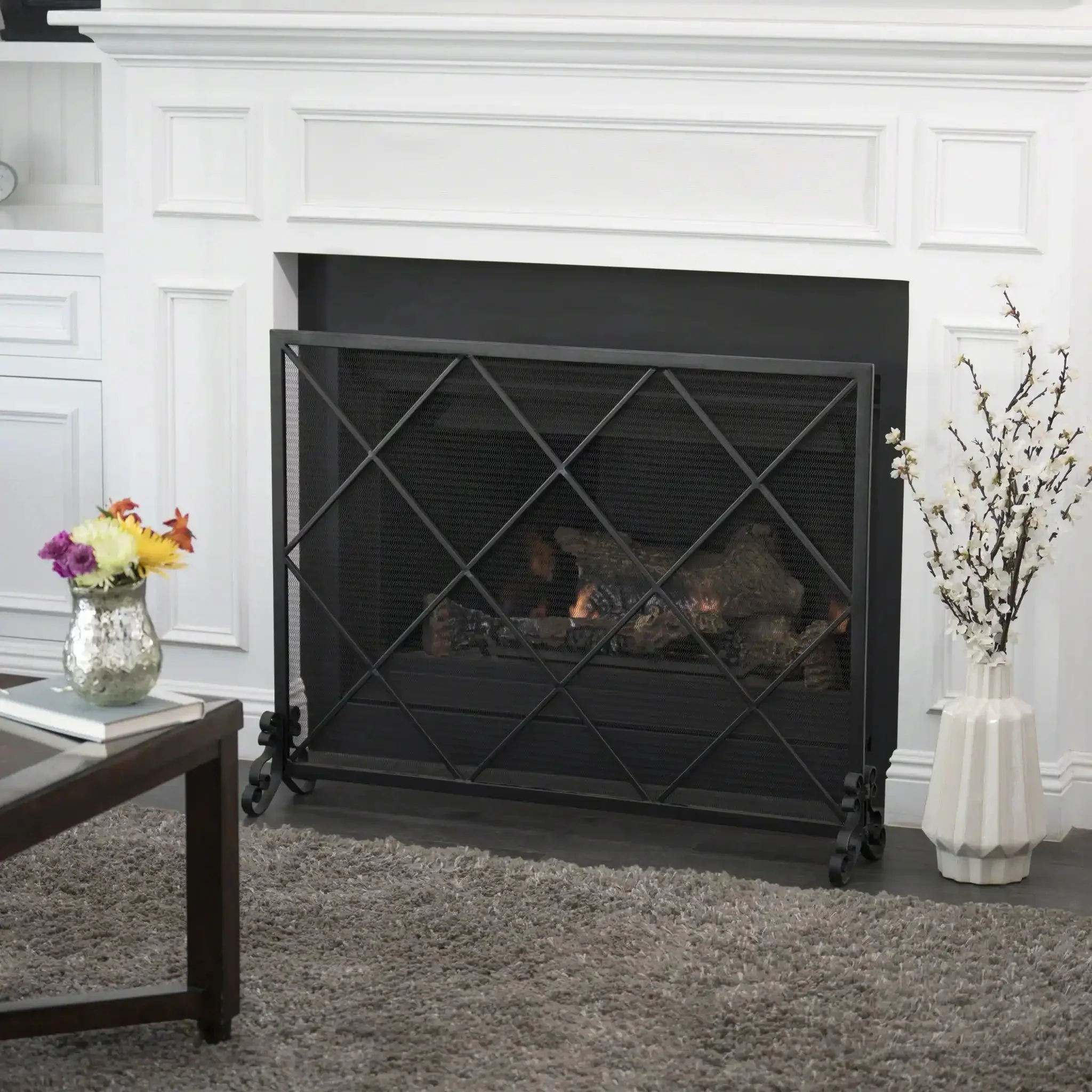 Minimalist Single Panel Iron Fireplace Screen With Diamond Design - Image 4
