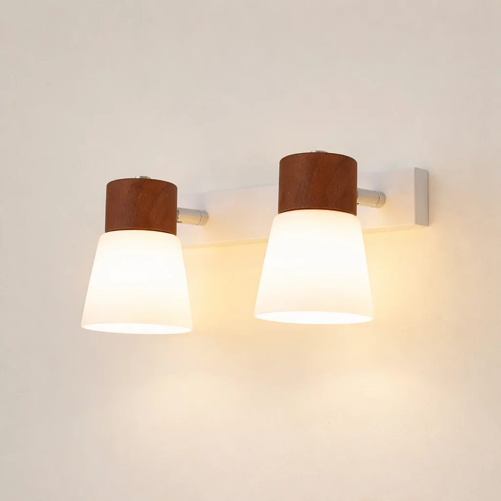 Minimalist Wooden Wall Lamp Double Head Glass Bedside Sconce Bedroom - Image 10