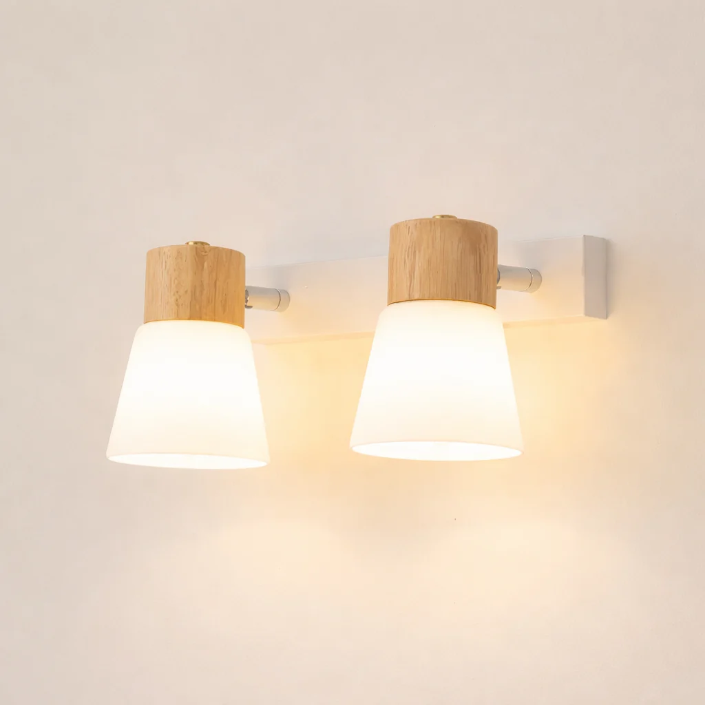 Minimalist Wooden Wall Lamp Double Head Glass Bedside Sconce Bedroom - Image 11