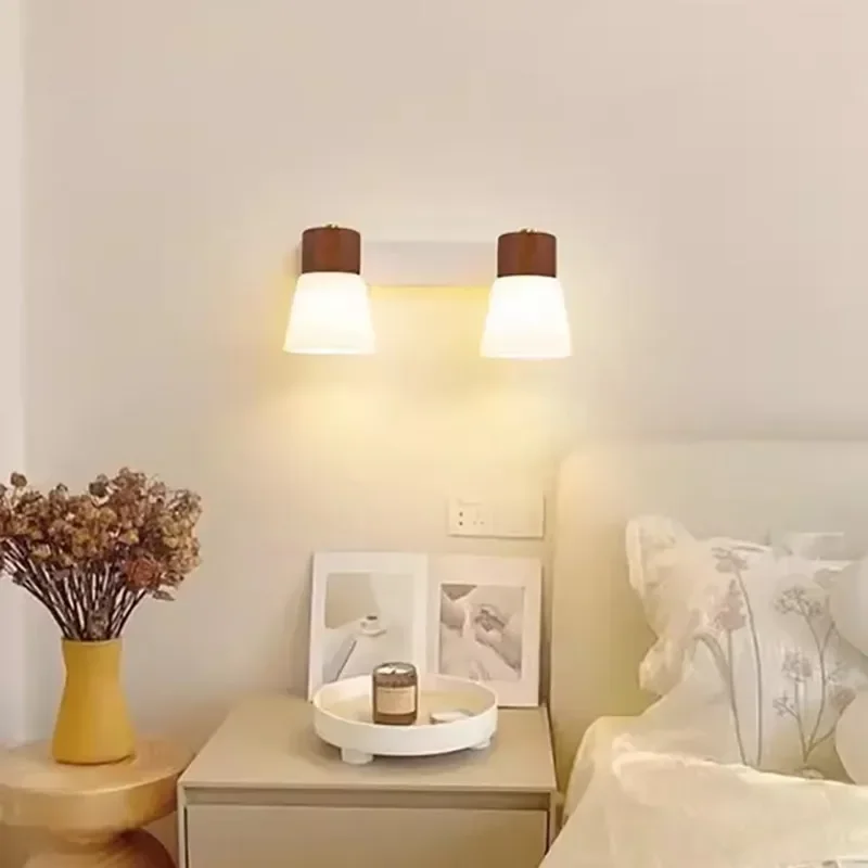 Minimalist Wooden Wall Lamp Double Head Glass Bedside Sconce Bedroom - Image 2