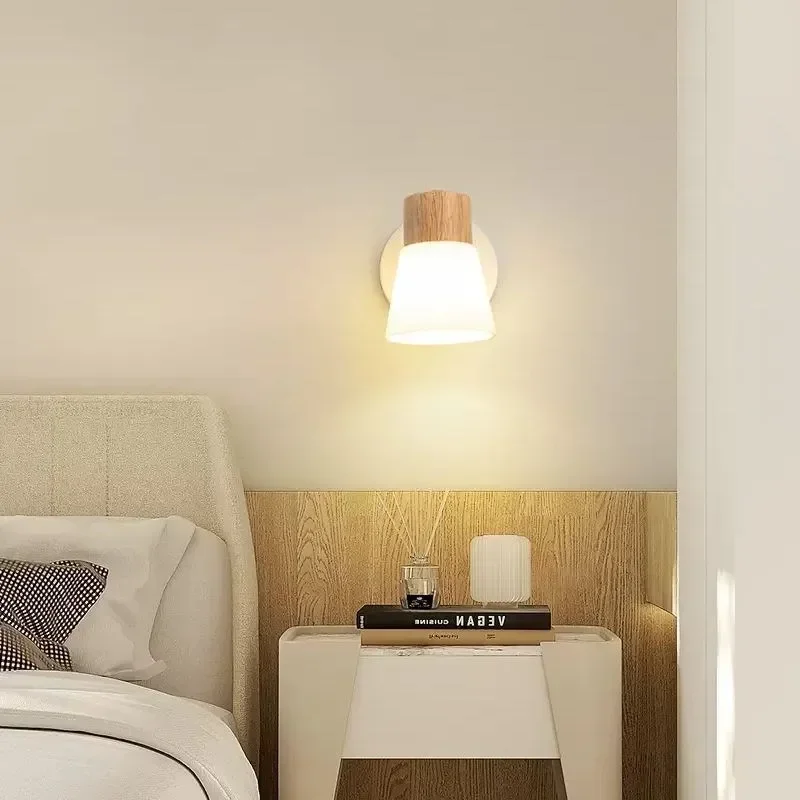 Minimalist Wooden Wall Lamp Double Head Glass Bedside Sconce Bedroom - Image 3