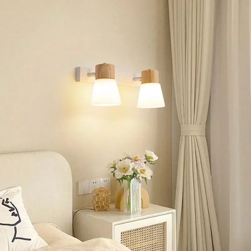Minimalist Wooden Wall Lamp Double Head Glass Bedside Sconce Bedroom - Image 4