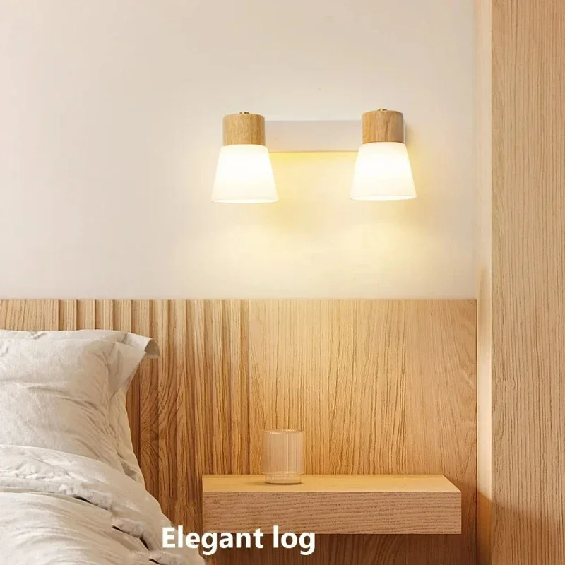 Minimalist Wooden Wall Lamp Double Head Glass Bedside Sconce Bedroom - Image 5