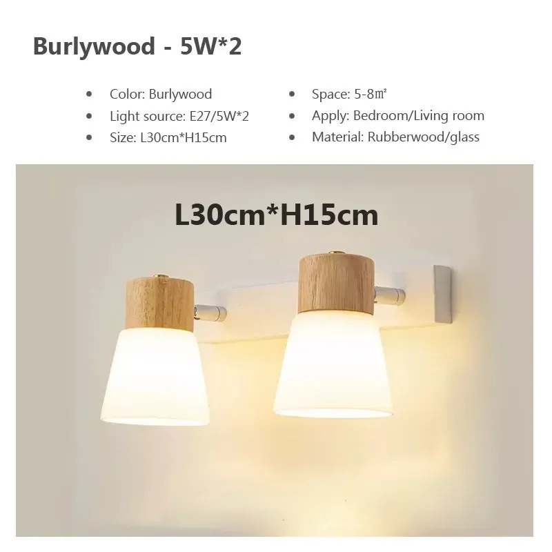 Minimalist Wooden Wall Lamp Double Head Glass Bedside Sconce Bedroom - Image 6