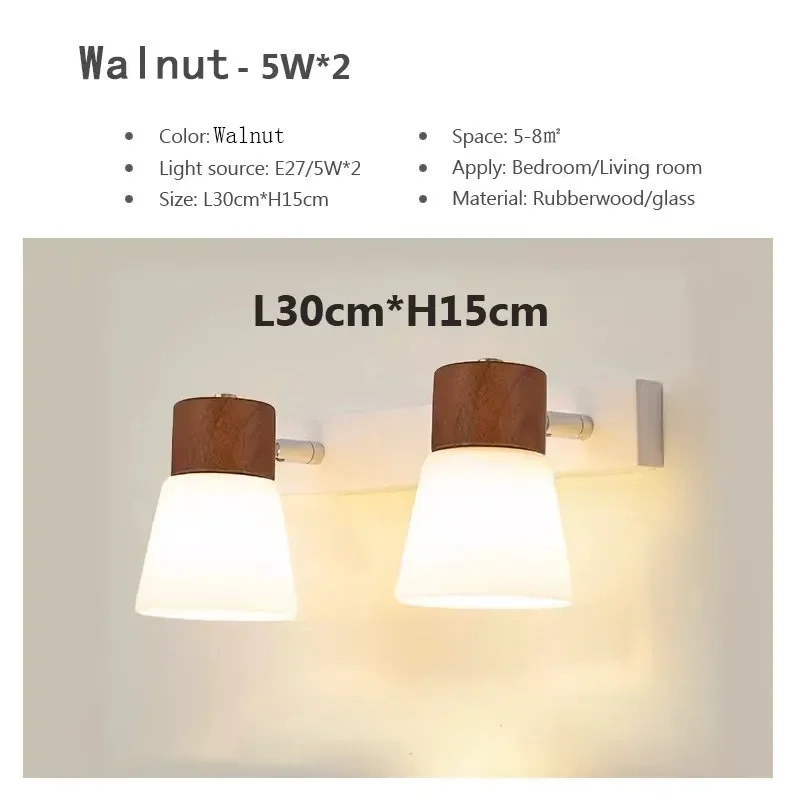 Minimalist Wooden Wall Lamp Double Head Glass Bedside Sconce Bedroom - Image 9