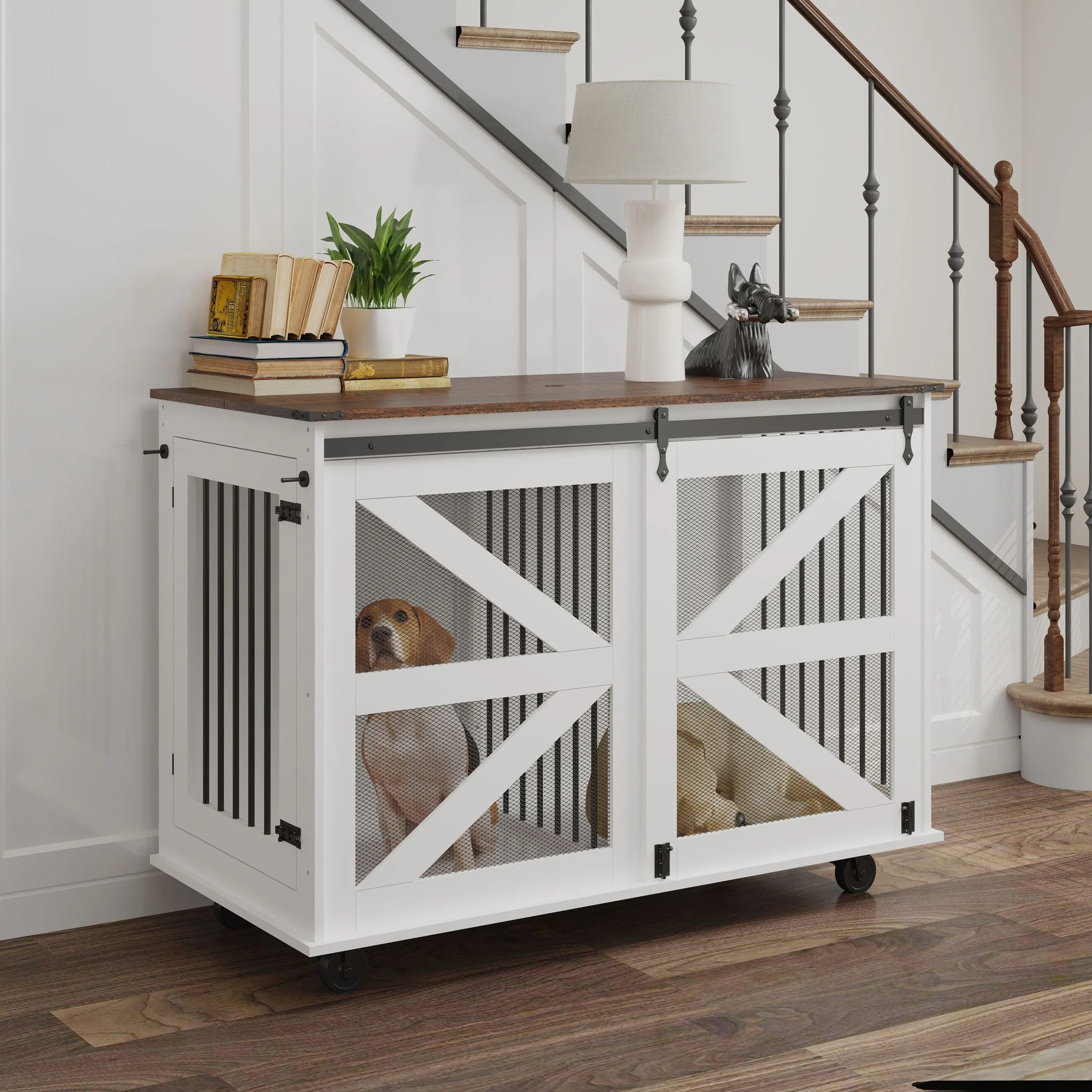 Mobile Dog Crate With Flip Top Feeding Door, Dual Access & 5 Caster System (2 Locking) - Brown White - Image 3