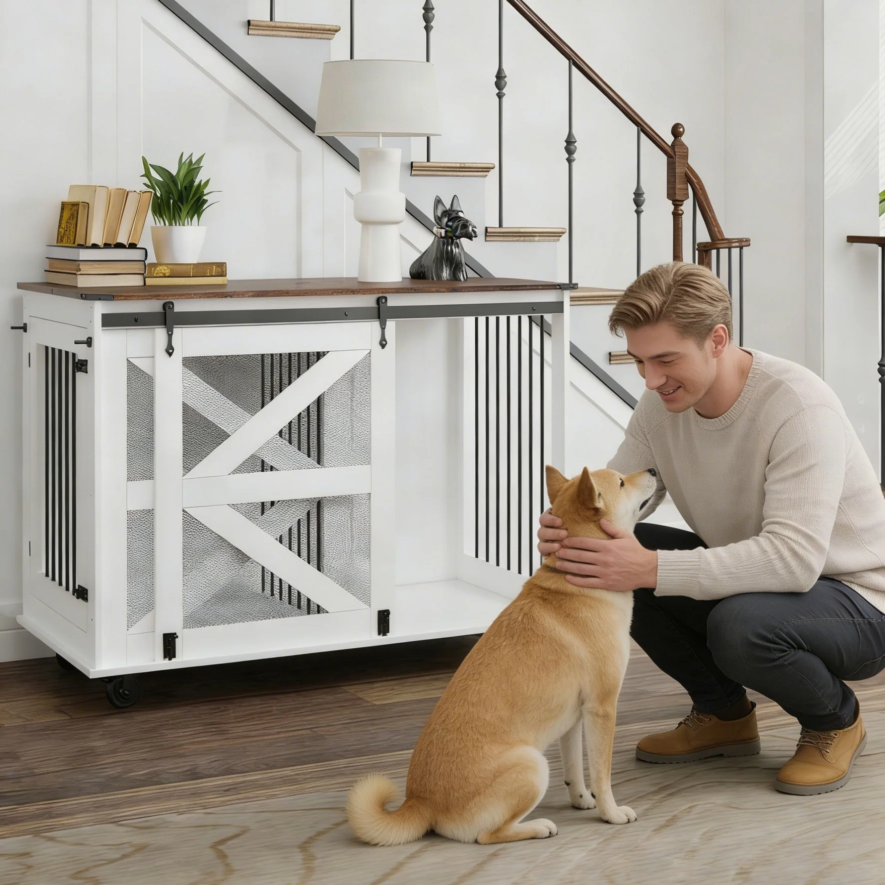 Mobile Dog Crate With Flip Top Feeding Door, Dual Access & 5 Caster System (2 Locking) - Brown White - Image 4