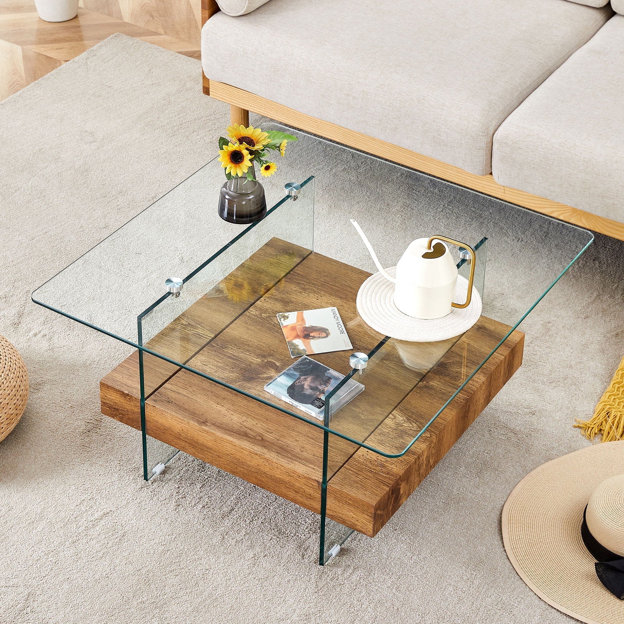 Modern 2 Tier Square Coffee Table, Elegant Marble Pattern - Image 3