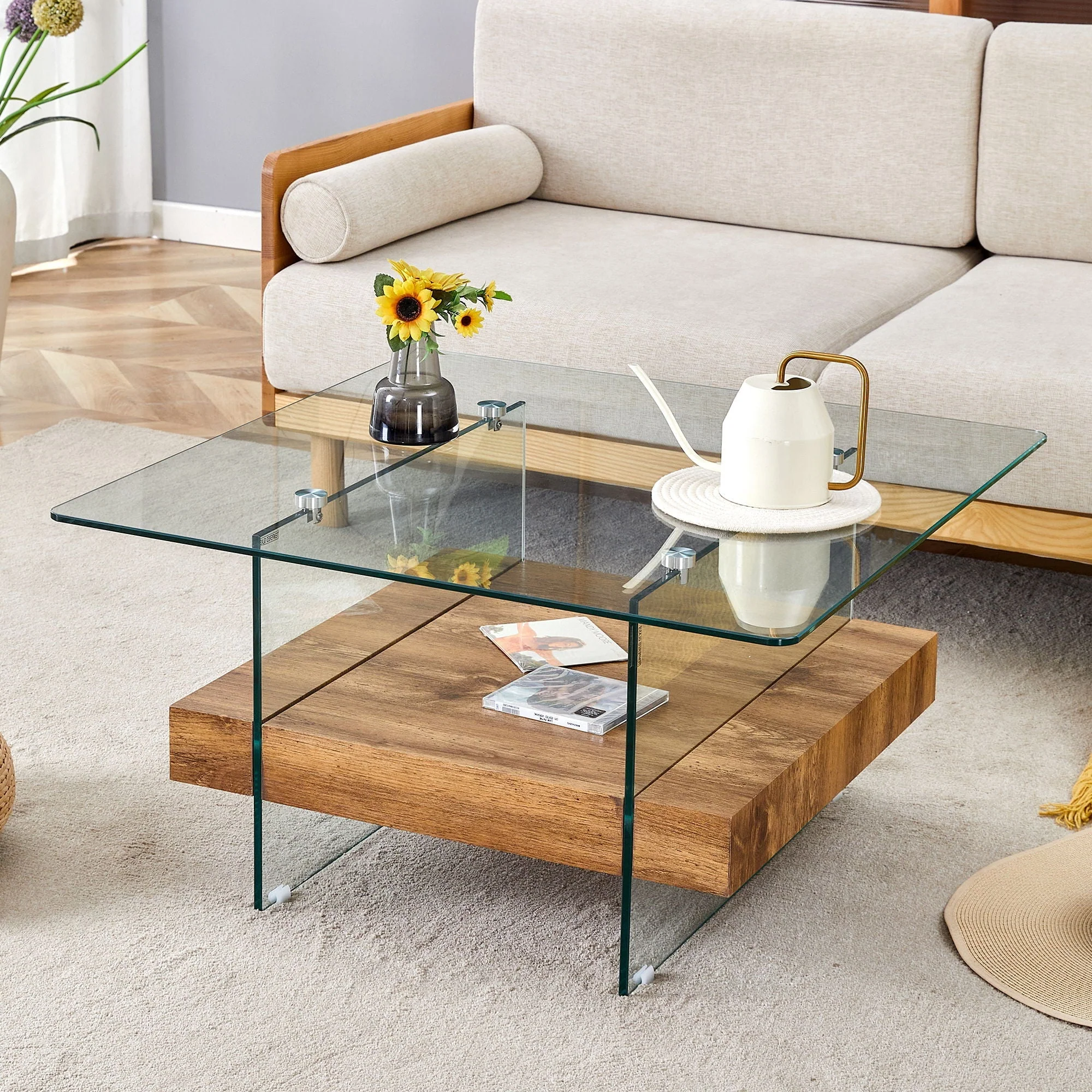 Modern 2 Tier Square Coffee Table, Elegant Marble Pattern - Image 4