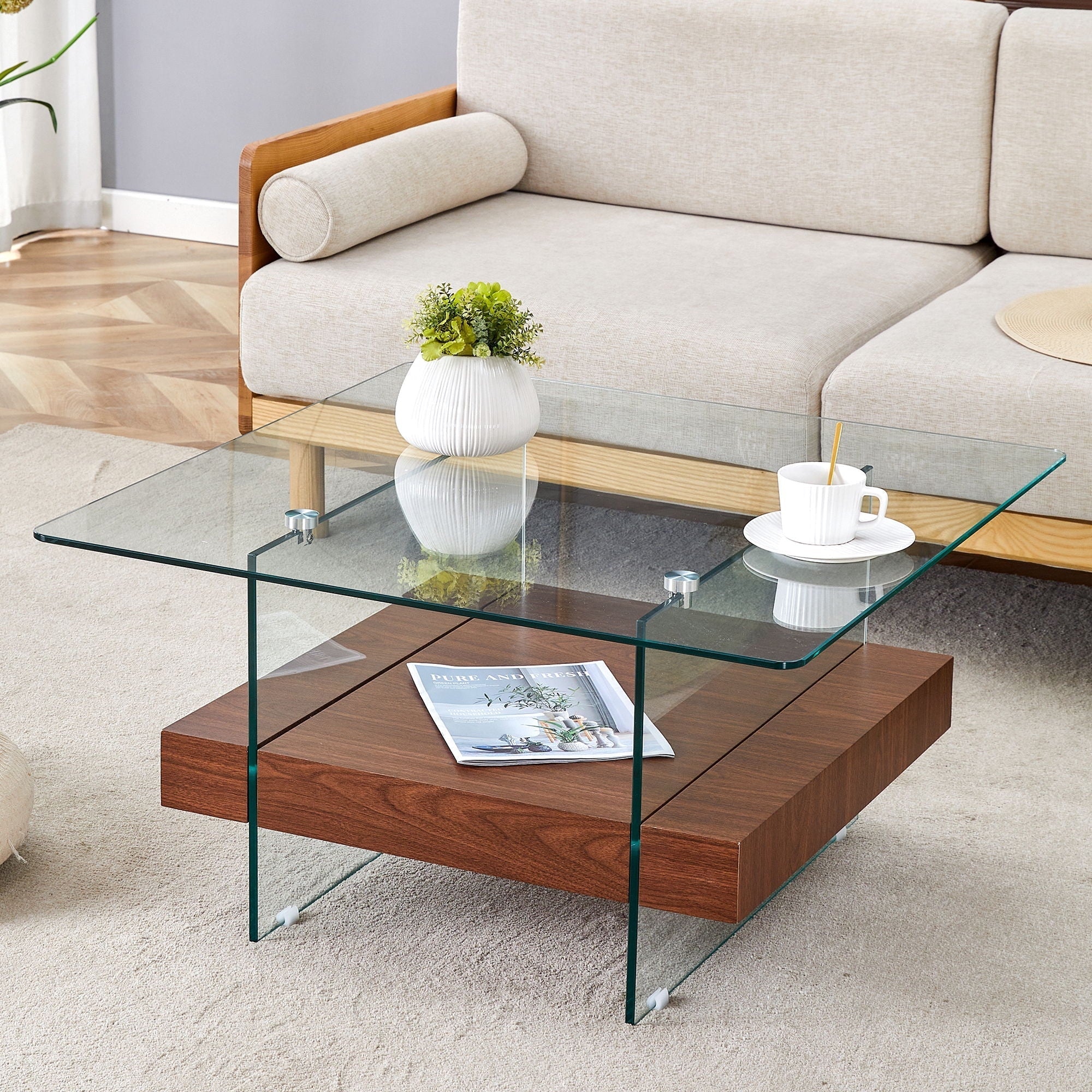 Modern 2 Tier Square Coffee Table, Elegant Marble Pattern - Image 5