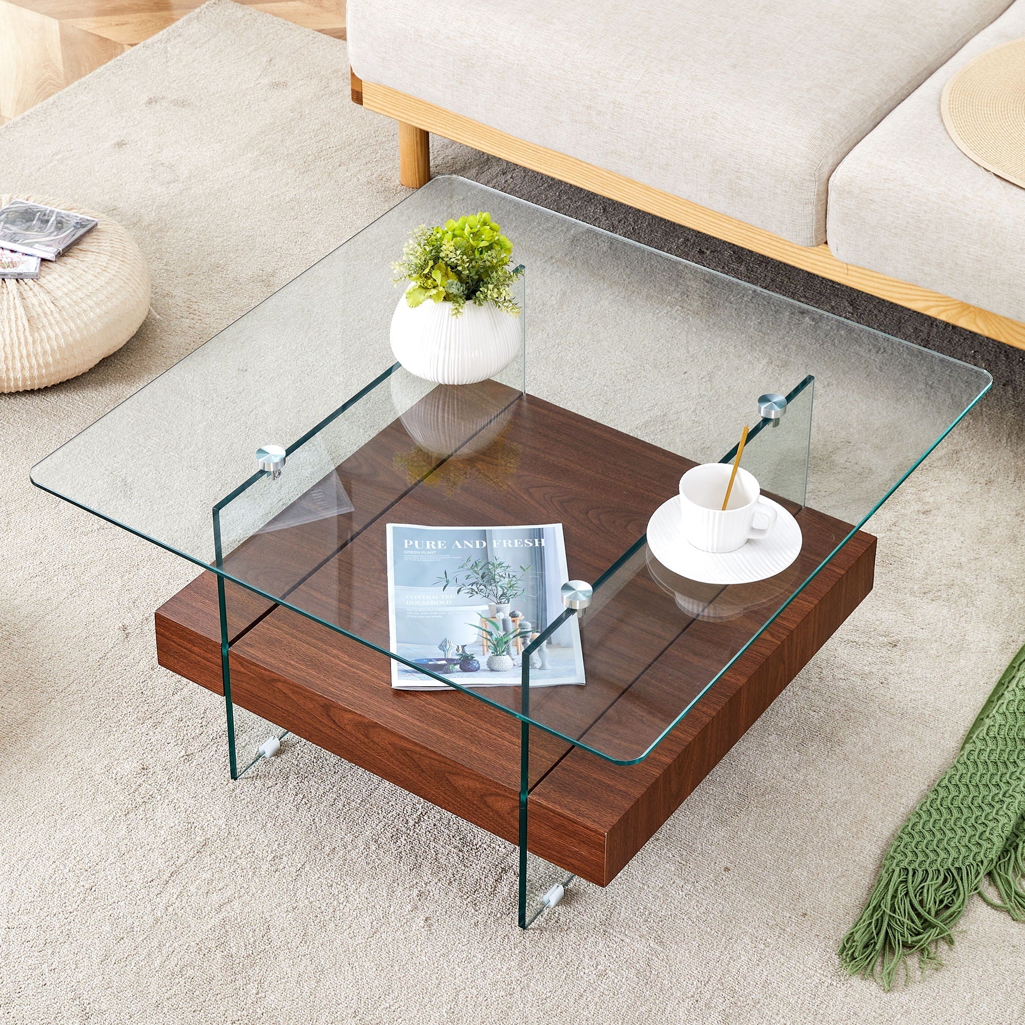 Modern 2 Tier Square Coffee Table, Elegant Marble Pattern - Image 8