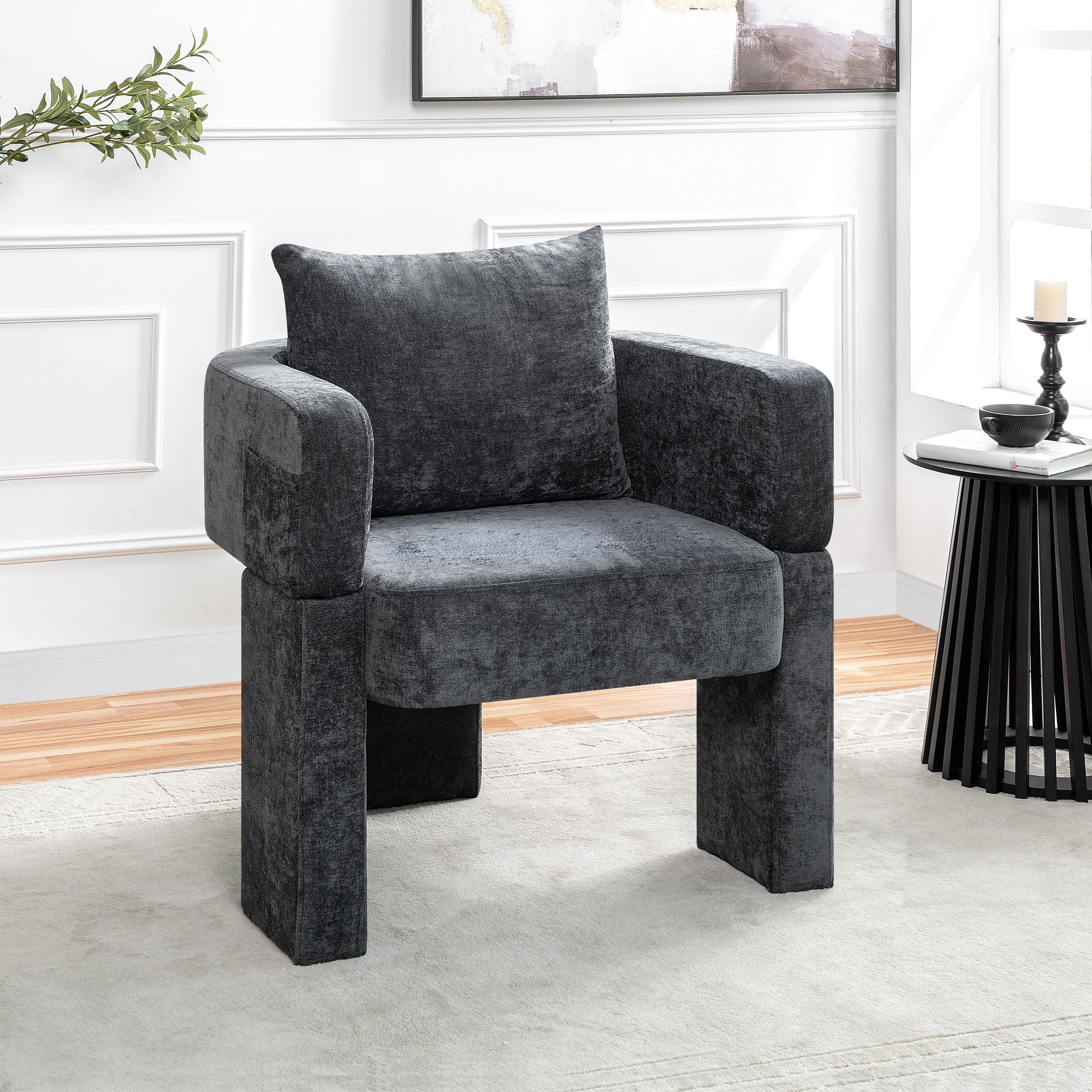 Modern 3-Leg Chenille Accent Chair with Ergonomic Arms & Removable Pillow - Image 2