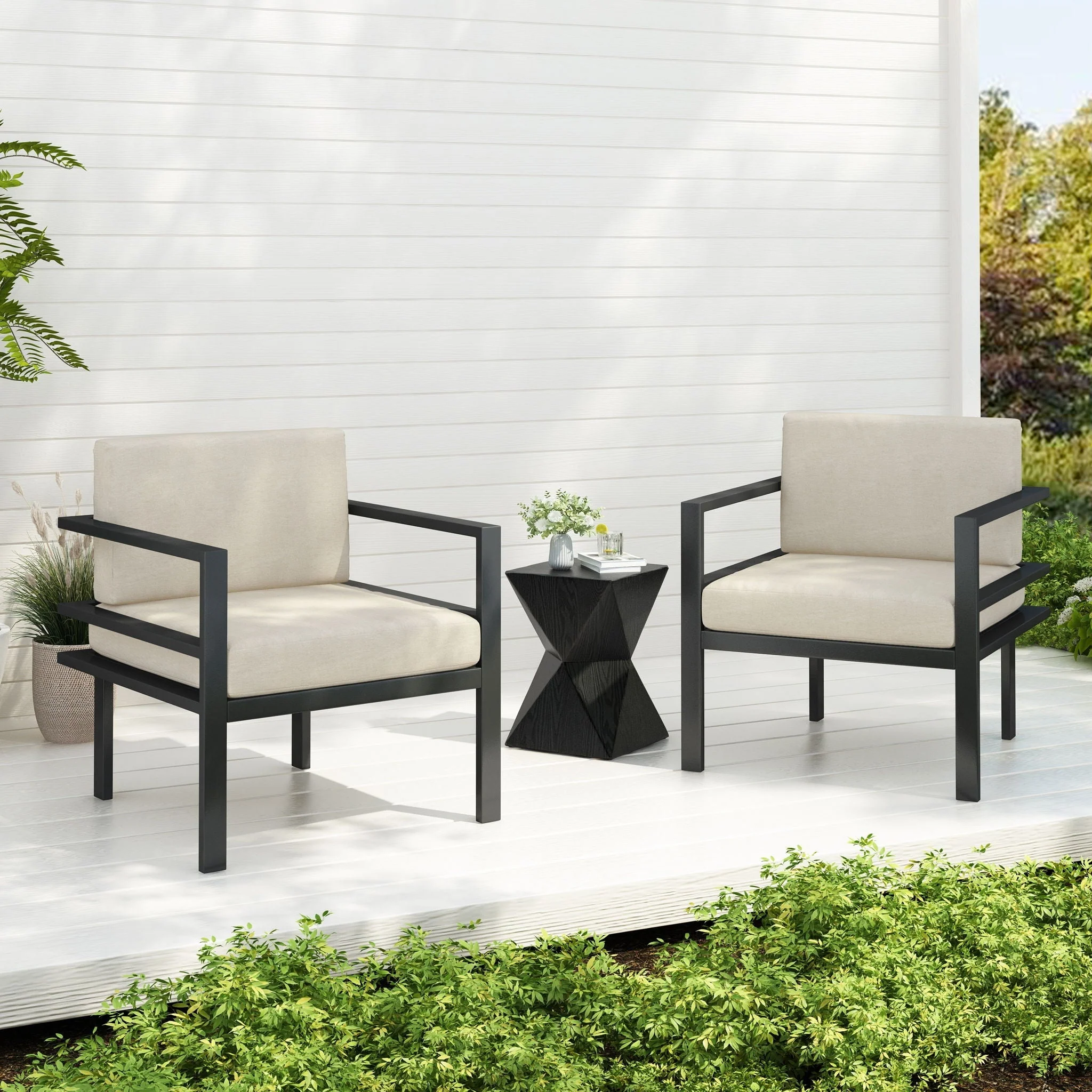 Modern 3 Piece Outdoor Patio Seating Set With Aluminum Frame And Weather Resistant Cushions - Beige / Gray - Image 2