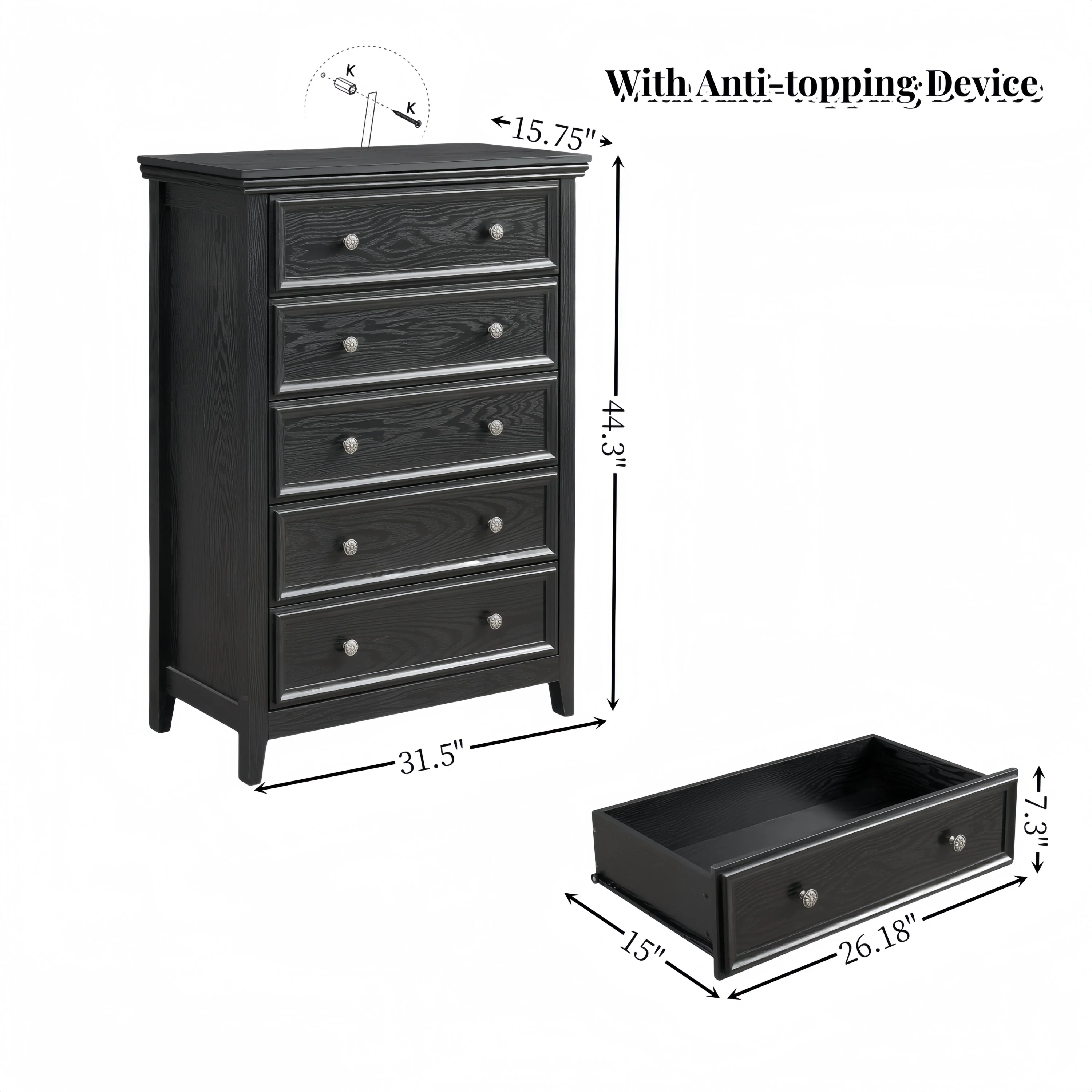 Modern 5-Drawer Black Dresser for Living Room Storage - Image 14