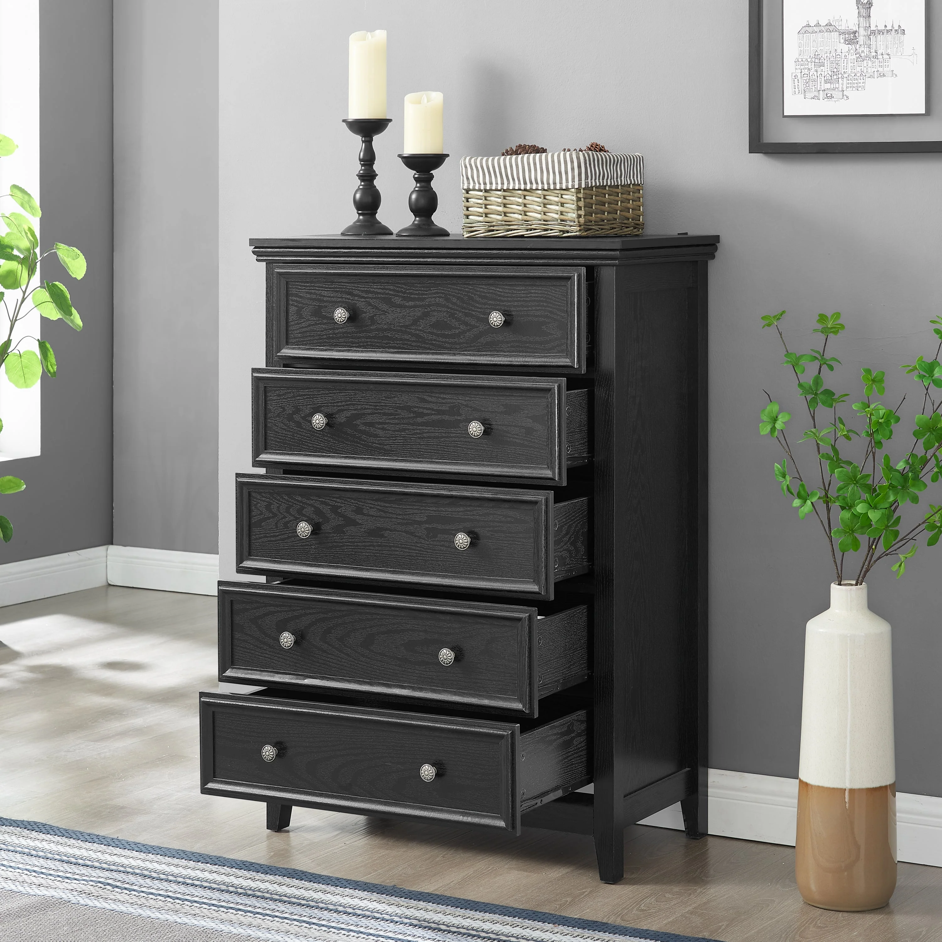 Modern 5-Drawer Black Dresser for Living Room Storage - Image 2