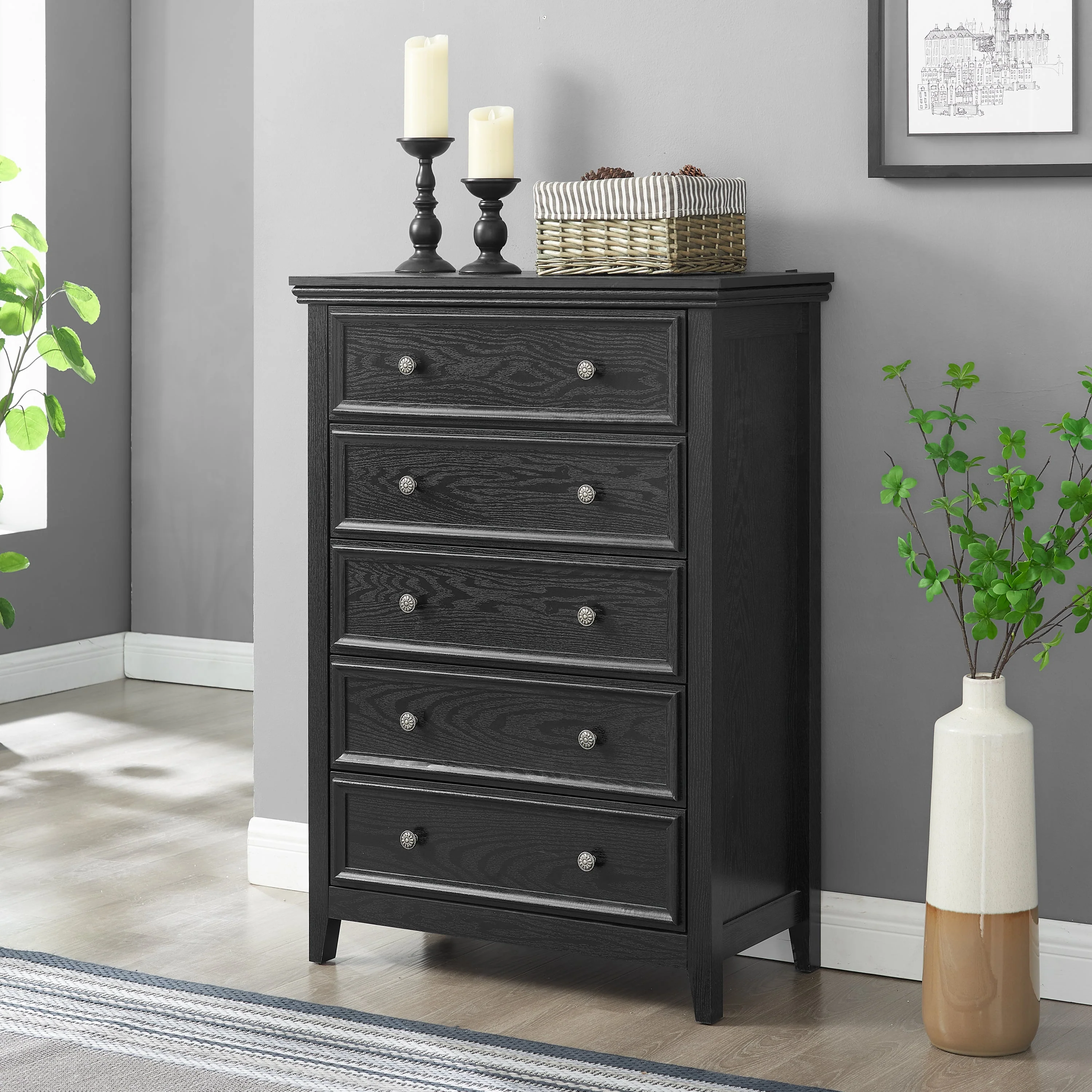 Modern 5-Drawer Black Dresser for Living Room Storage - Image 3