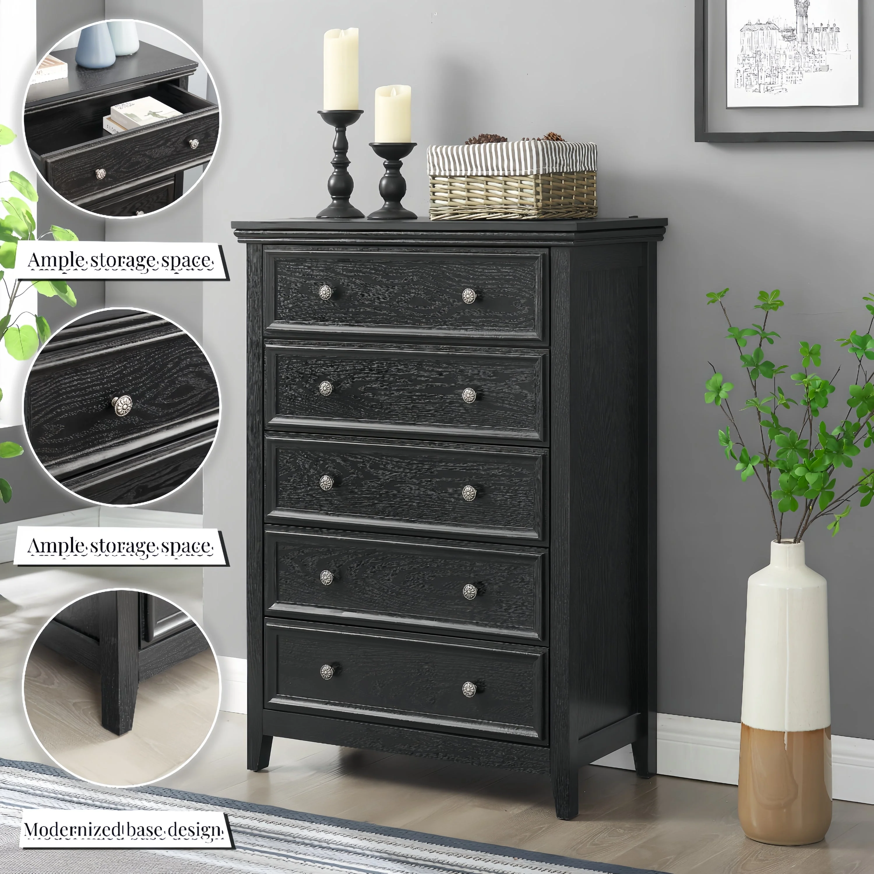 Modern 5-Drawer Black Dresser for Living Room Storage - Image 6