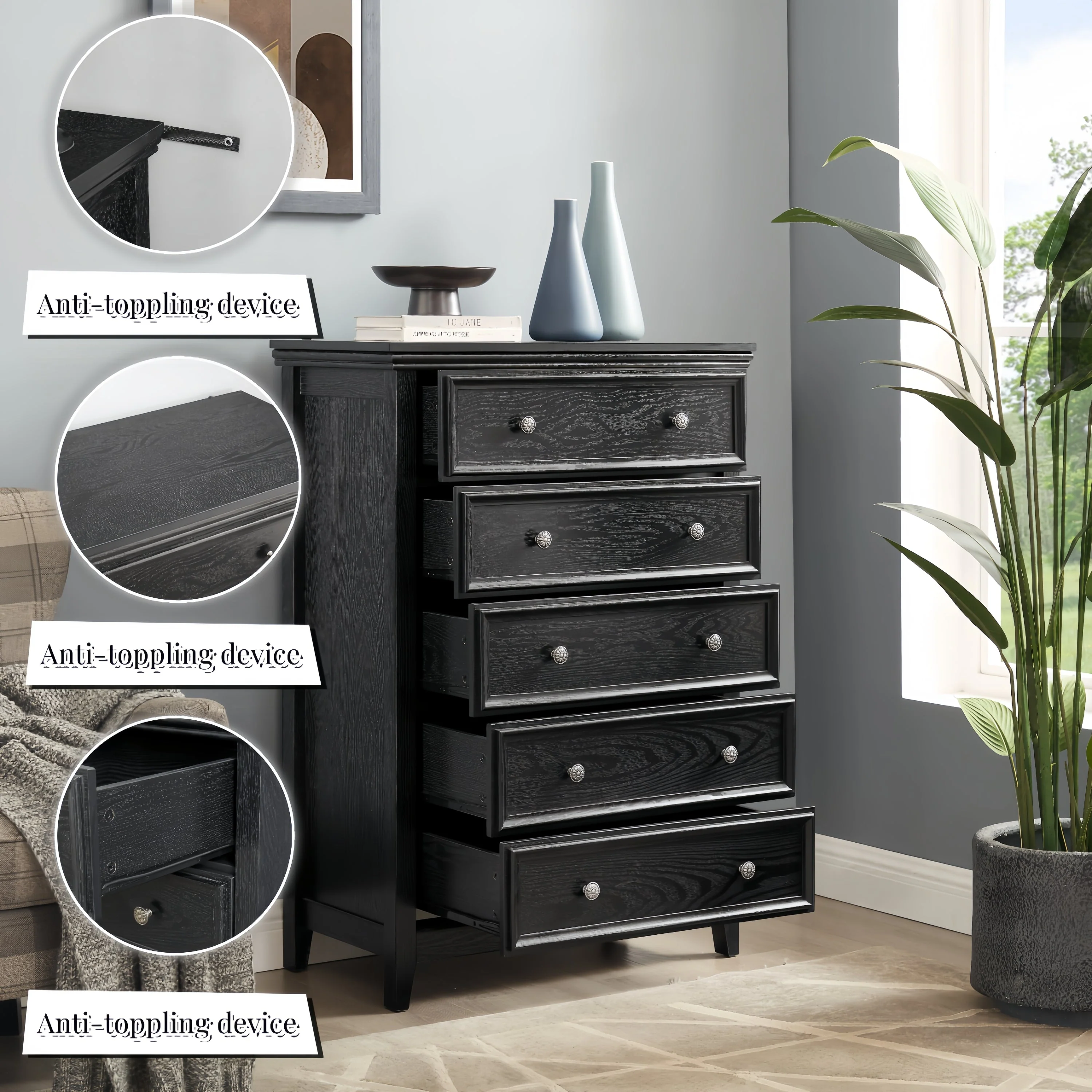 Modern 5-Drawer Black Dresser for Living Room Storage - Image 7