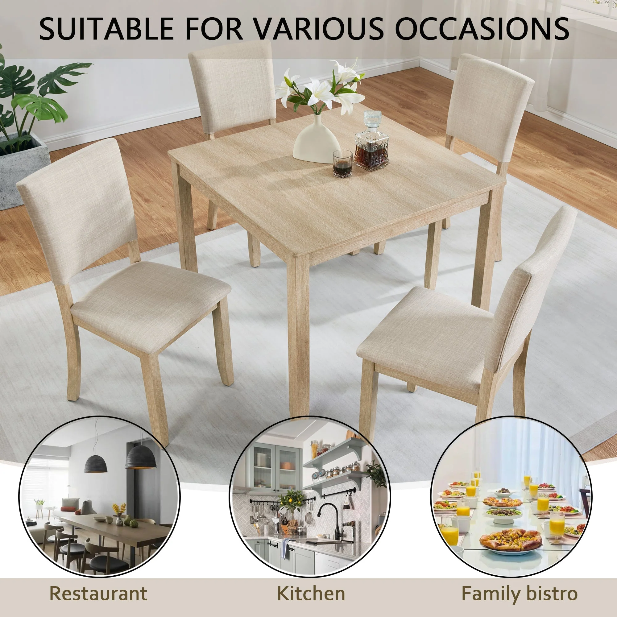 Modern 5-Piece Wooden Dining Table Set for 4 People in Light Oak - Image 3