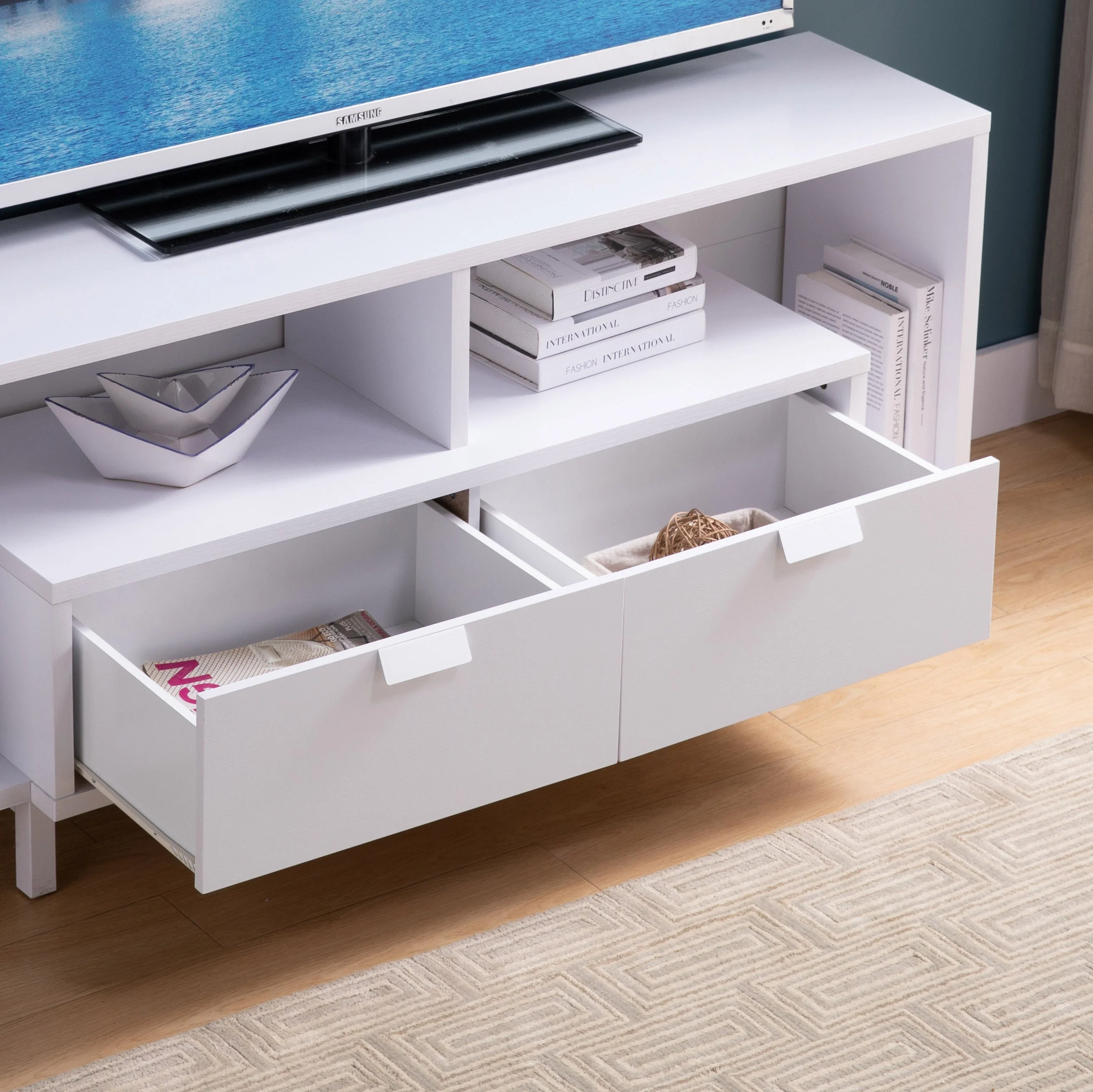 Modern 60" TV Stand with Two Shelves and Two Drawers - White - Image 2