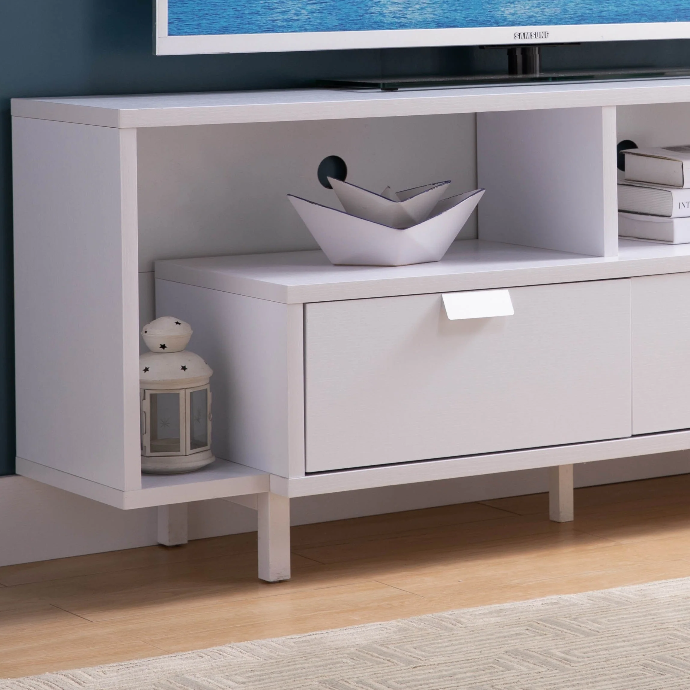 Modern 60" TV Stand with Two Shelves and Two Drawers - White - Image 4