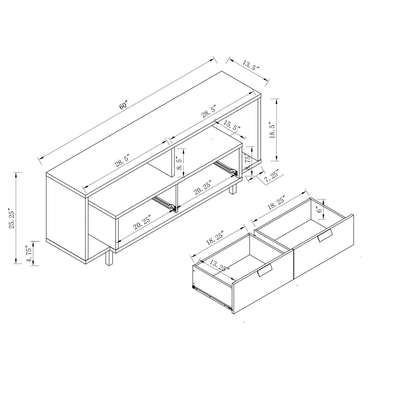 Modern 60" TV Stand with Two Shelves and Two Drawers - White - Image 6