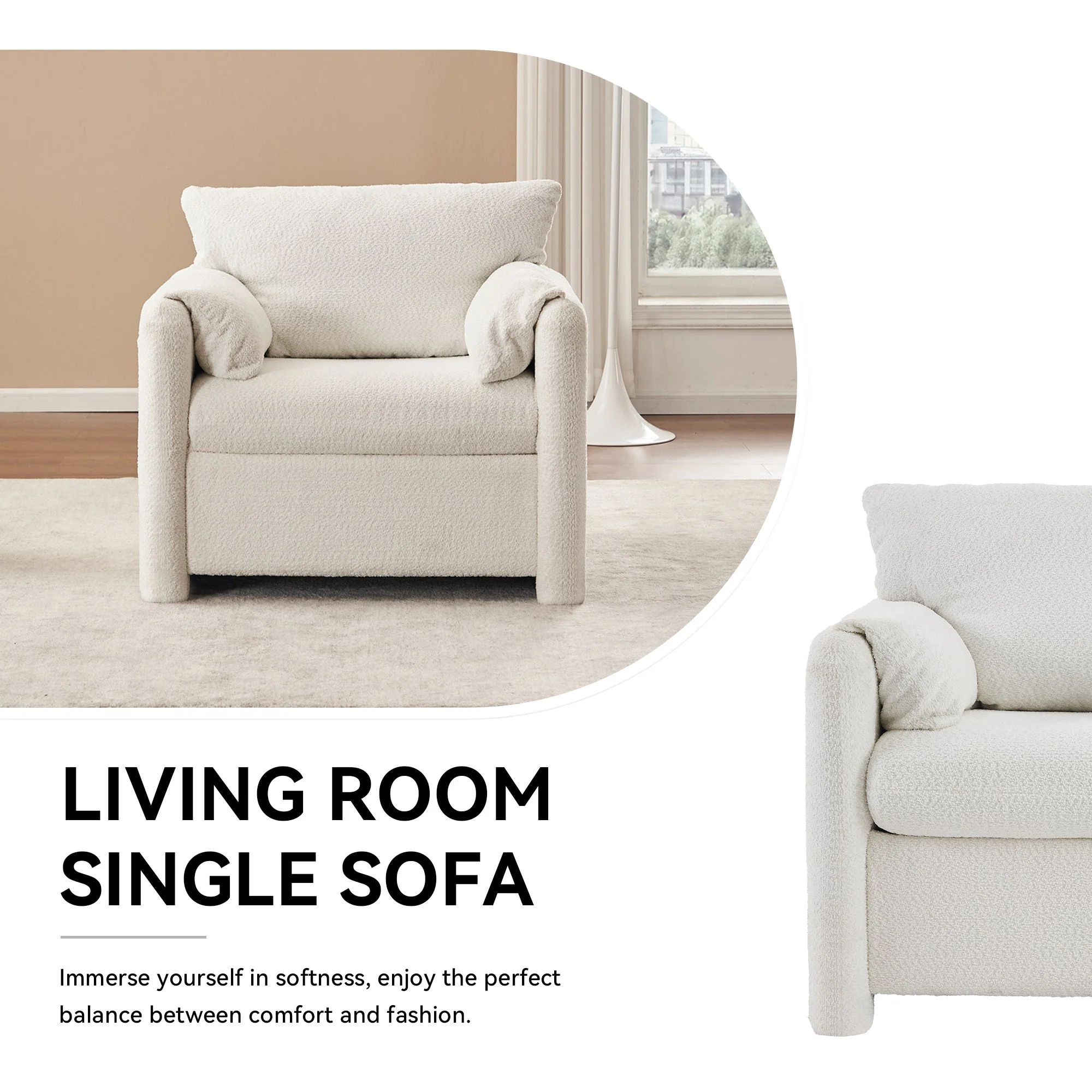 Modern Accent Chair Single Seater Ivory White - Image 5