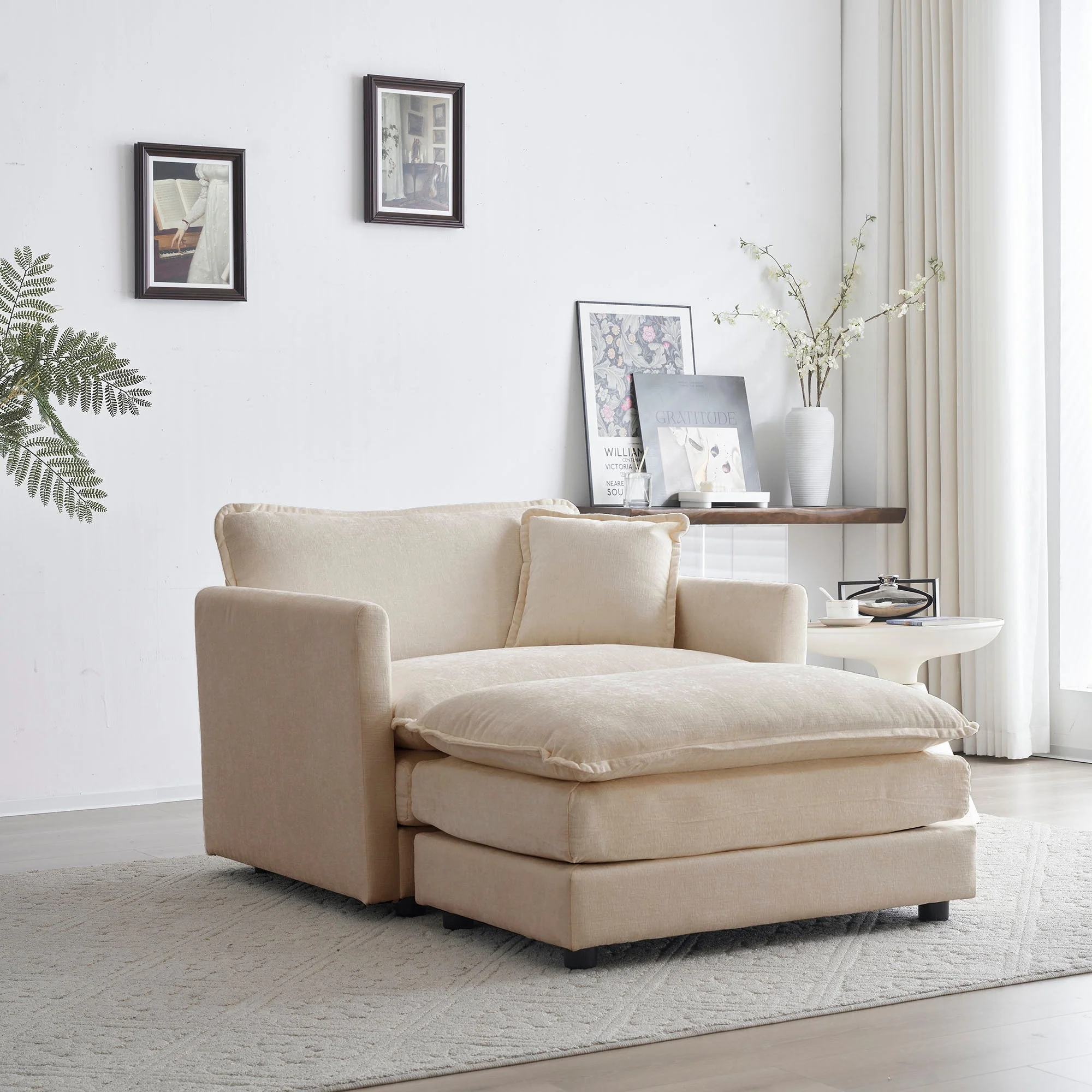 Modern Accent Chair with Ottoman in Beige Chenille - Image 2