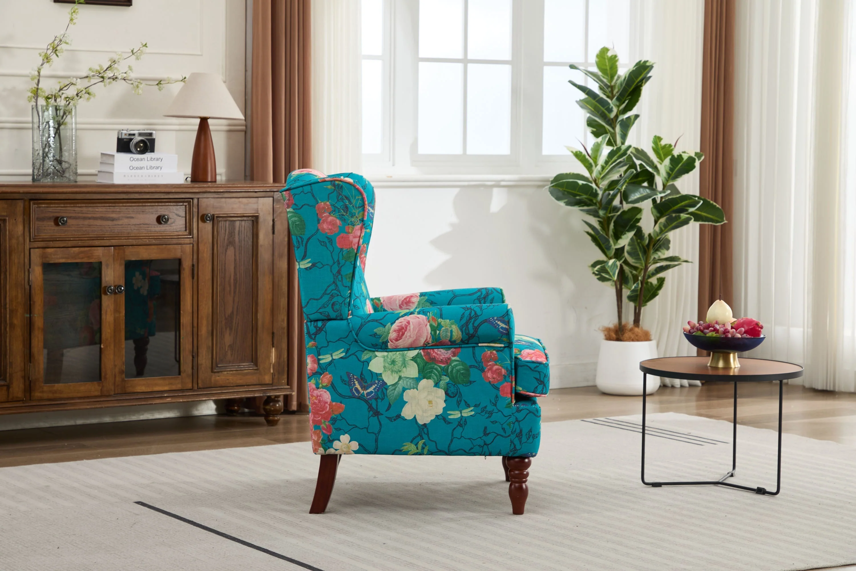Modern Accent Chair with Retro Wood Legs - Floral - Image 3