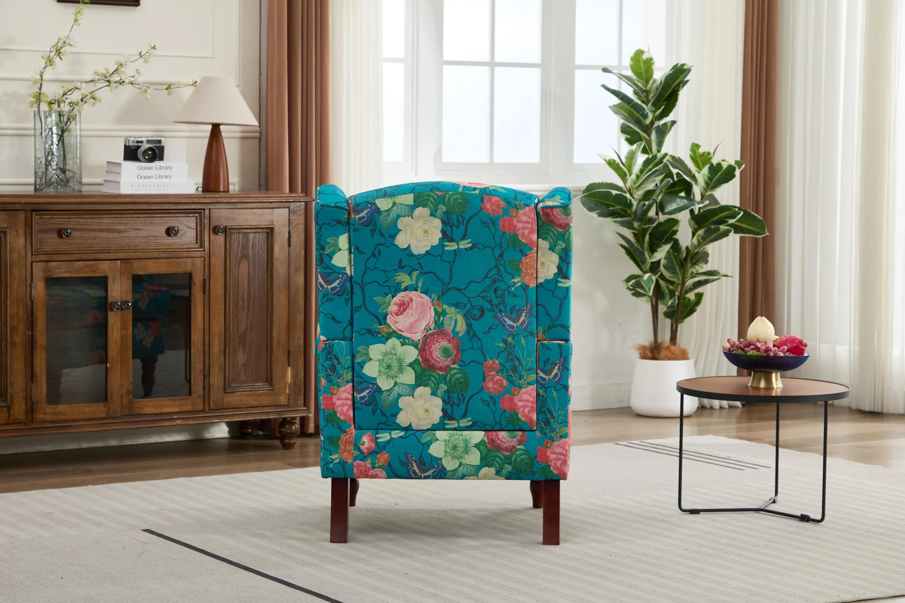 Modern Accent Chair with Retro Wood Legs - Floral - Image 4