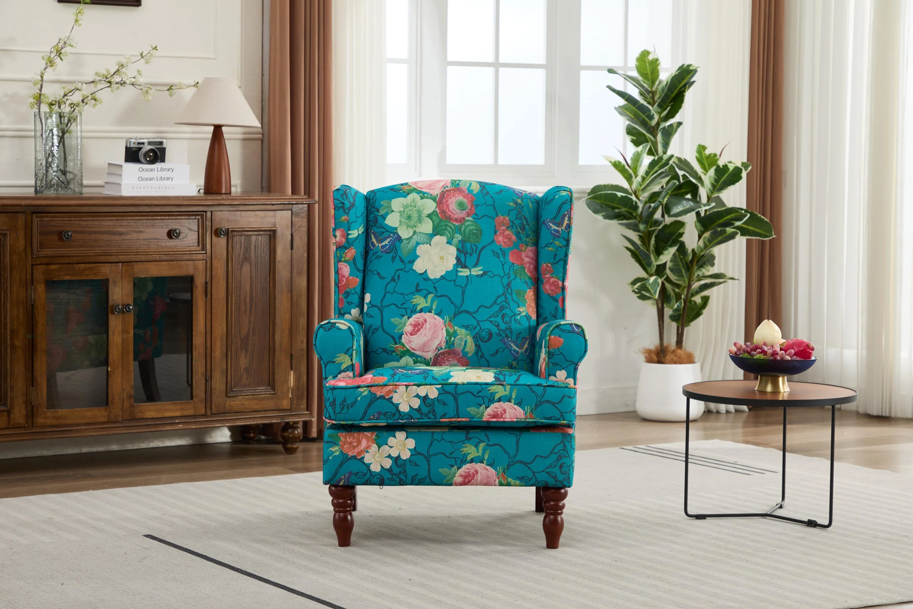 Modern Accent Chair with Retro Wood Legs - Floral - Image 5