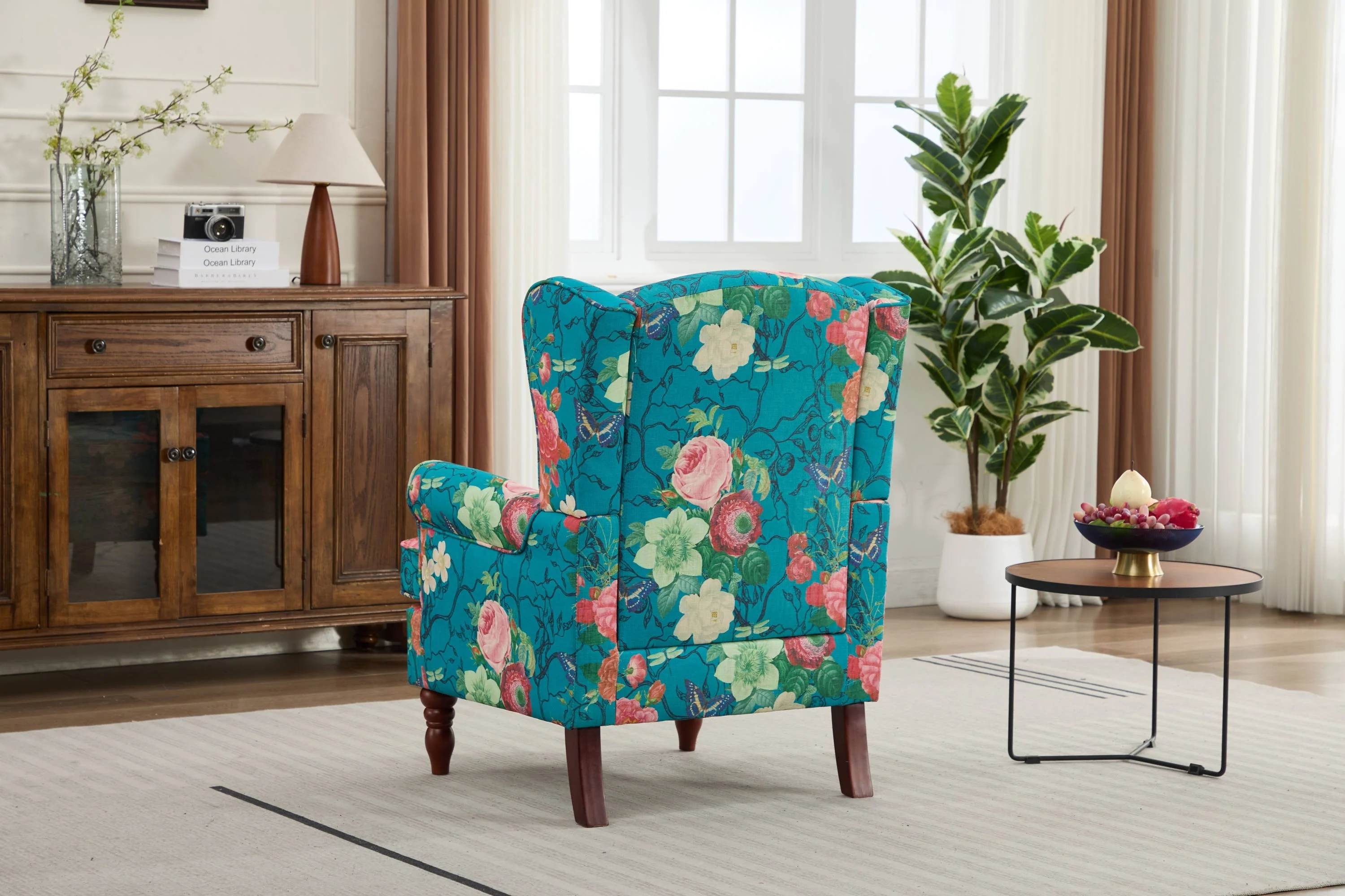 Modern Accent Chair with Retro Wood Legs - Floral - Image 9