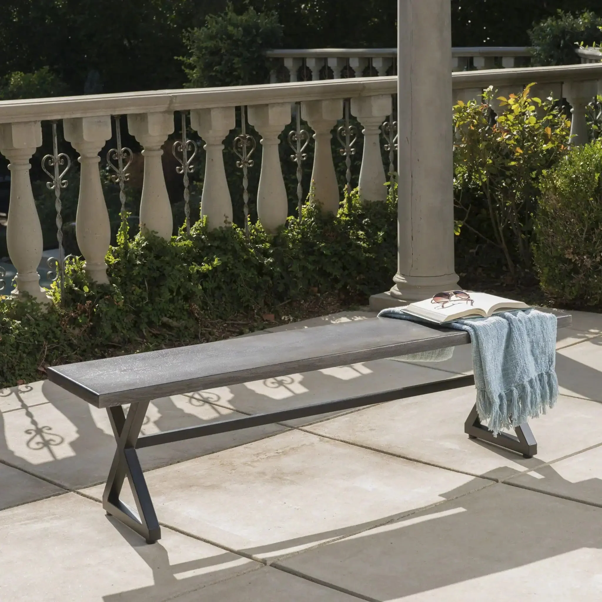 Modern Aluminum Outdoor Dining Bench With X Base - Image 6