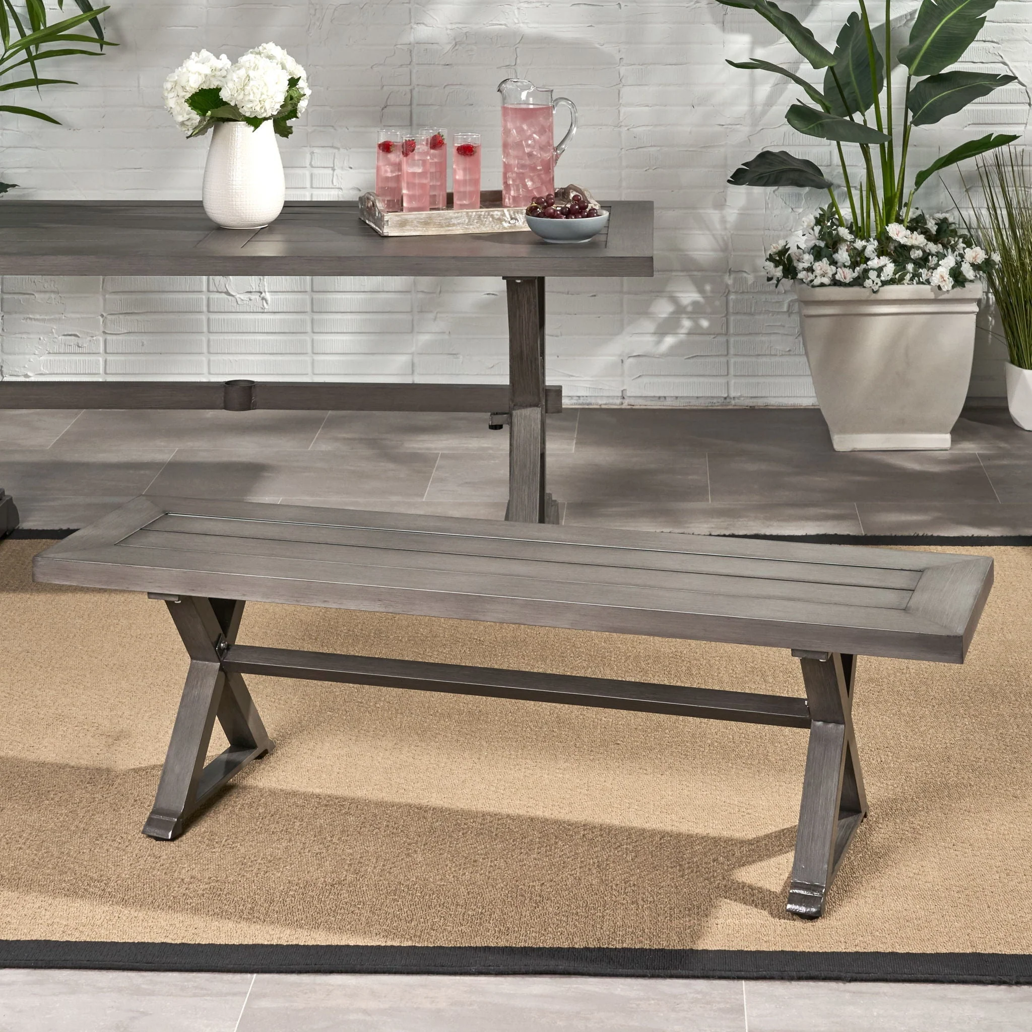 Modern Aluminum Outdoor Dining Bench With X Base - Dark Gray - Image 4