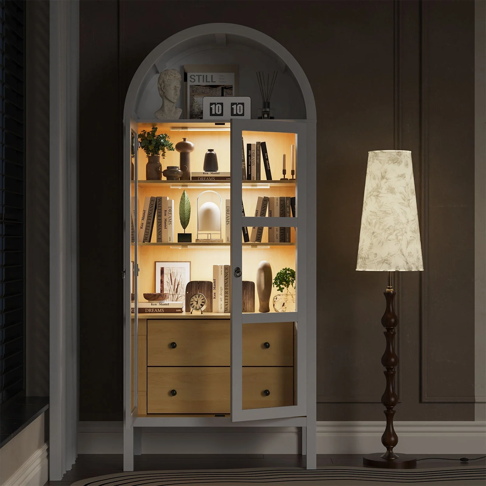 Modern Arched Cabinet with Glass Doors and Auto Sensor Light - Image 5