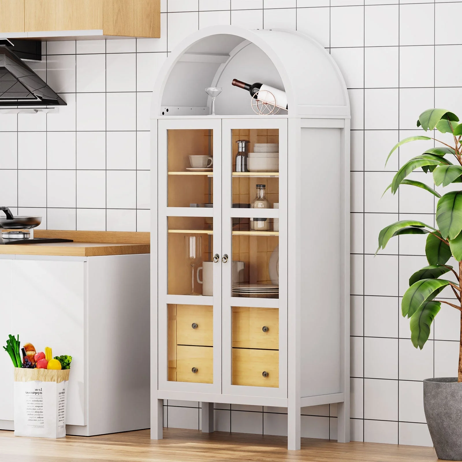 Modern Arched Cabinet with Glass Doors and Auto Sensor Light - Image 6