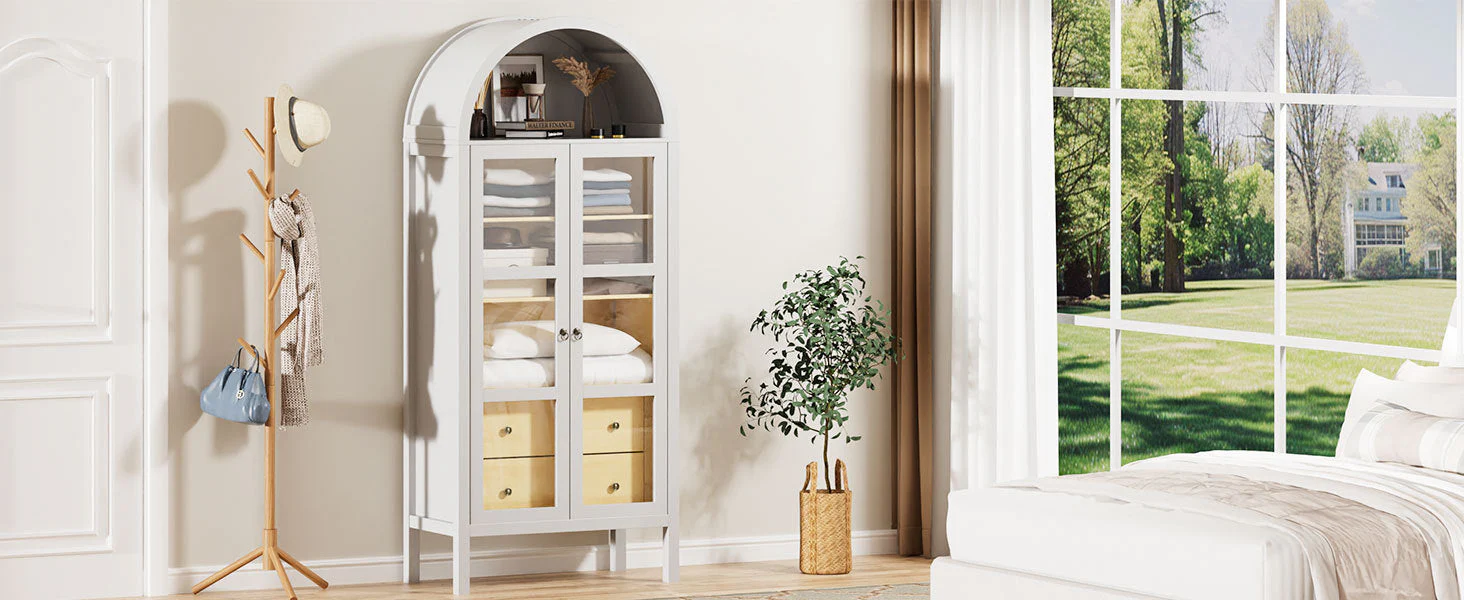 Modern Arched Cabinet with Glass Doors and Auto Sensor Light - Image 9