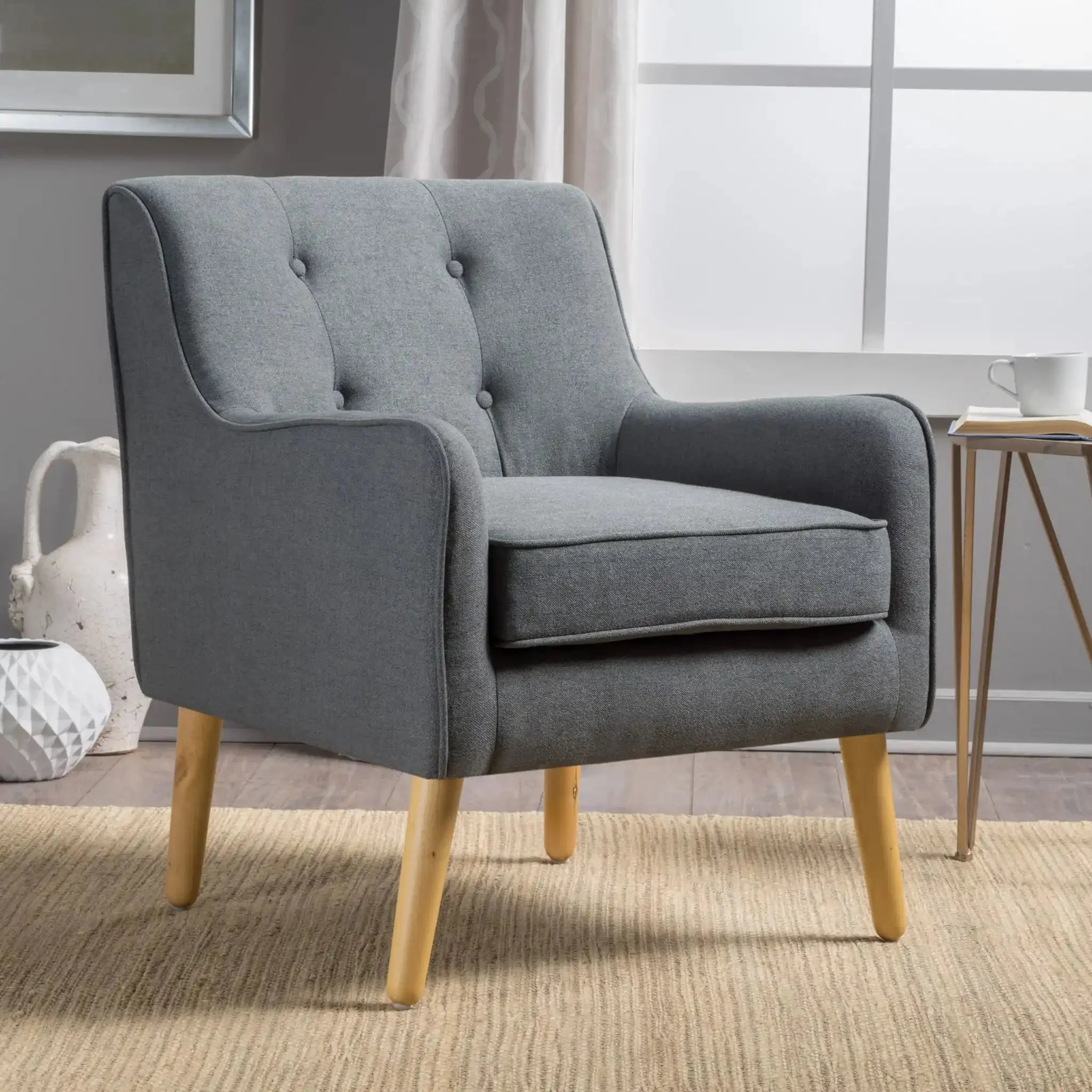 Modern Arm Chair With Tufted Back And Wooden Legs - Image 10