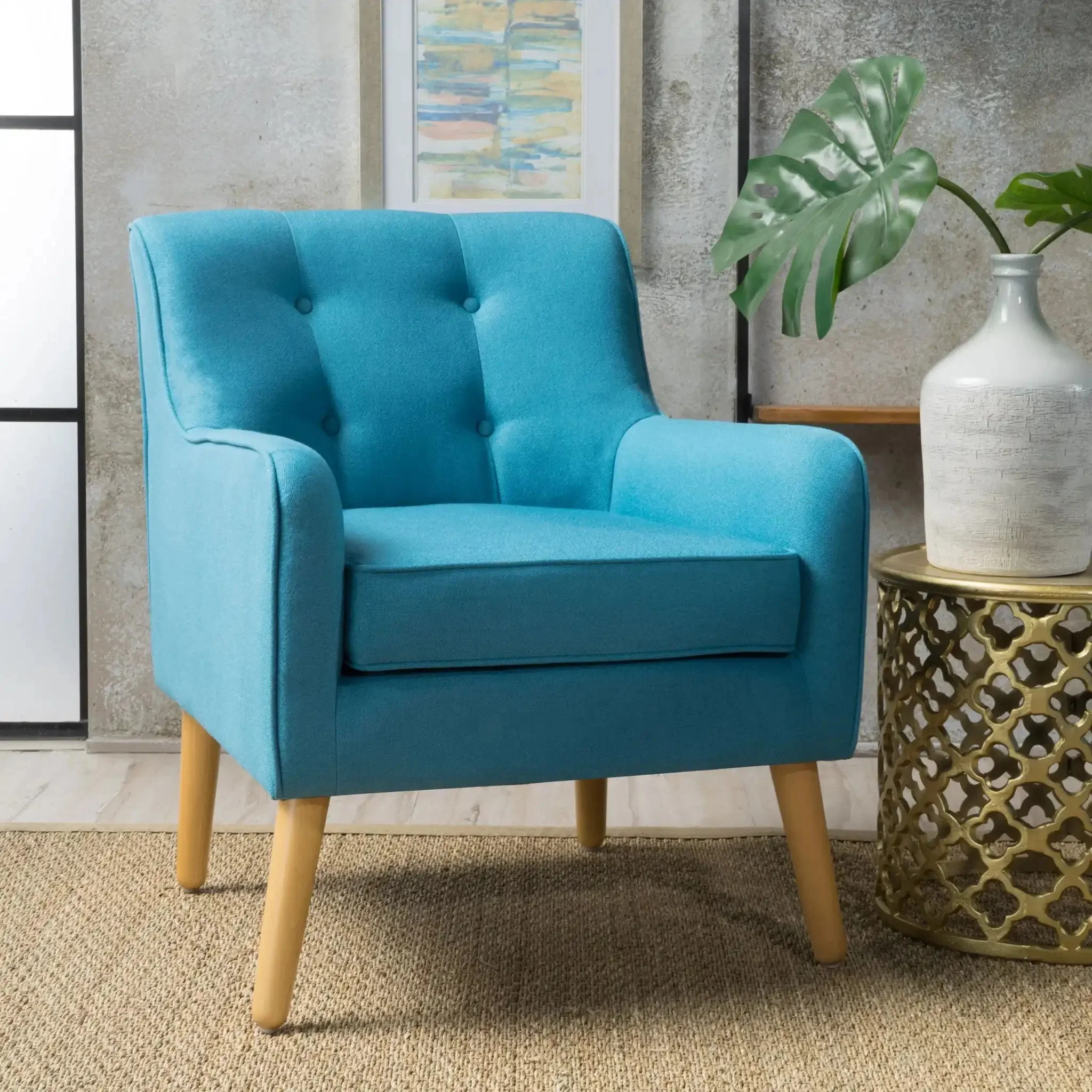 Modern Arm Chair With Tufted Back And Wooden Legs - Image 14
