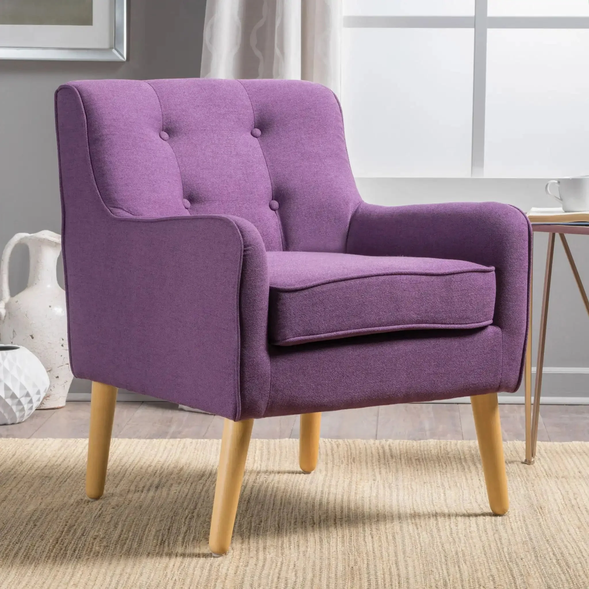 Modern Arm Chair With Tufted Back And Wooden Legs - Image 5