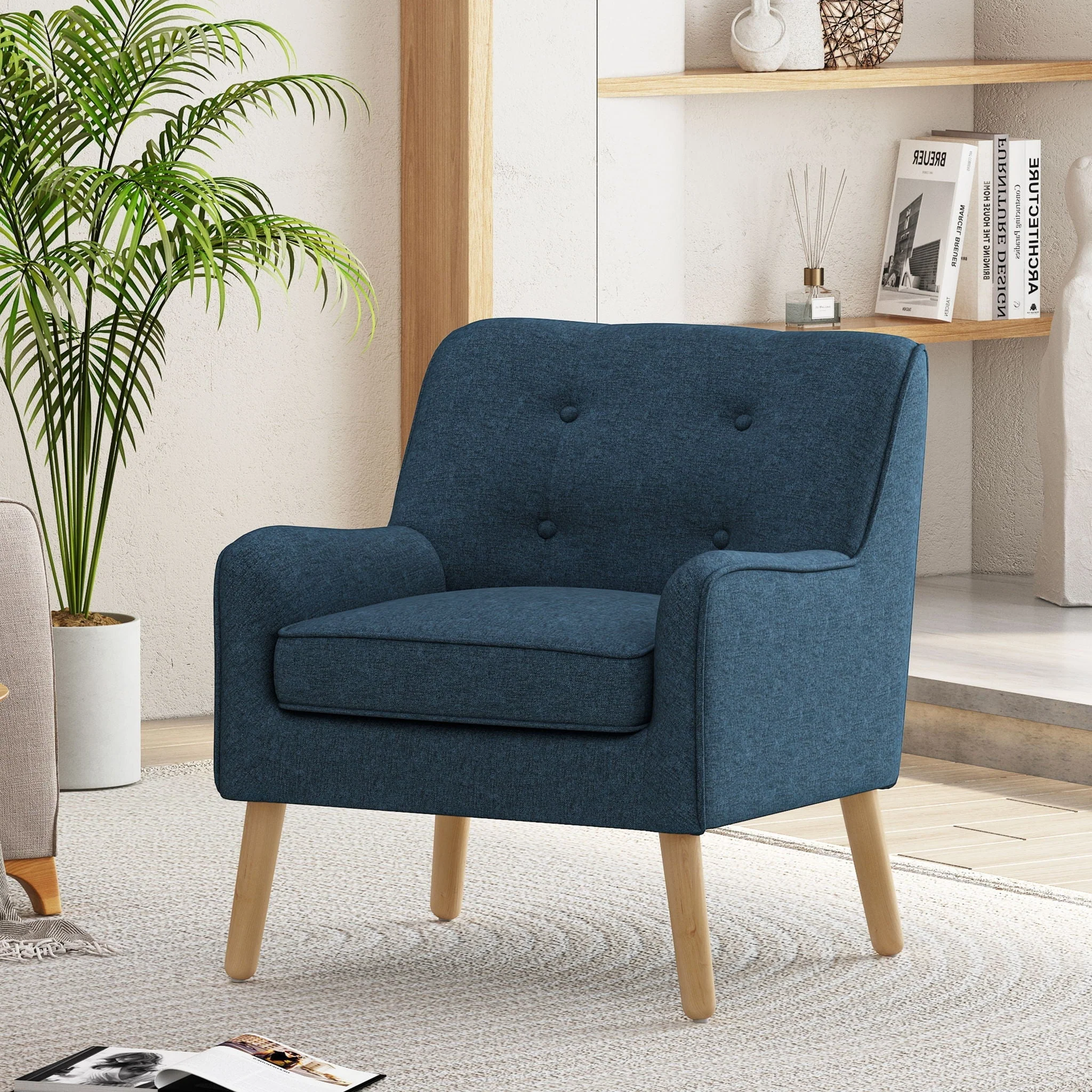 Modern Arm Chair With Tufted Back And Wooden Legs - Image 8