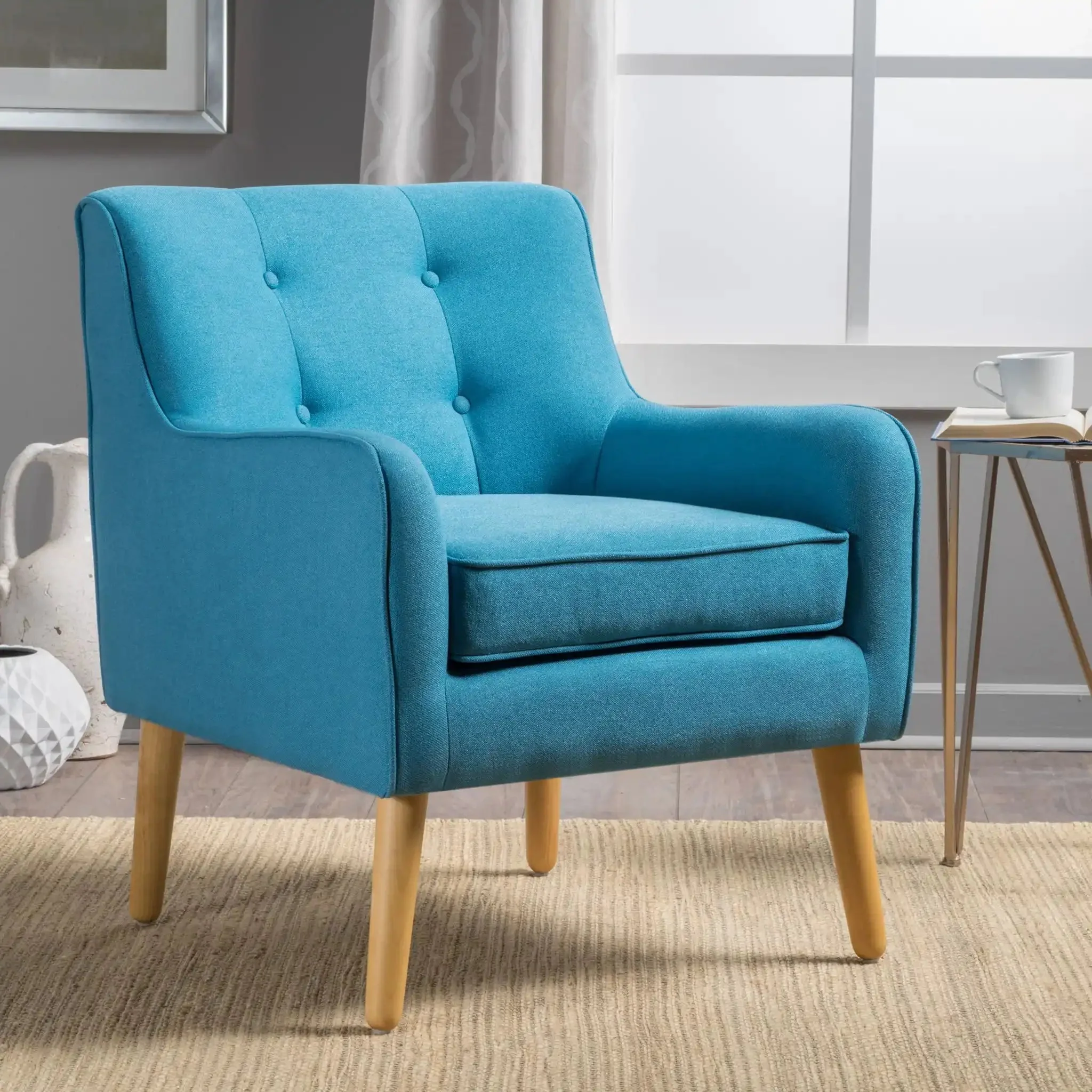 Modern Arm Chair With Tufted Back And Wooden Legs - Image 9