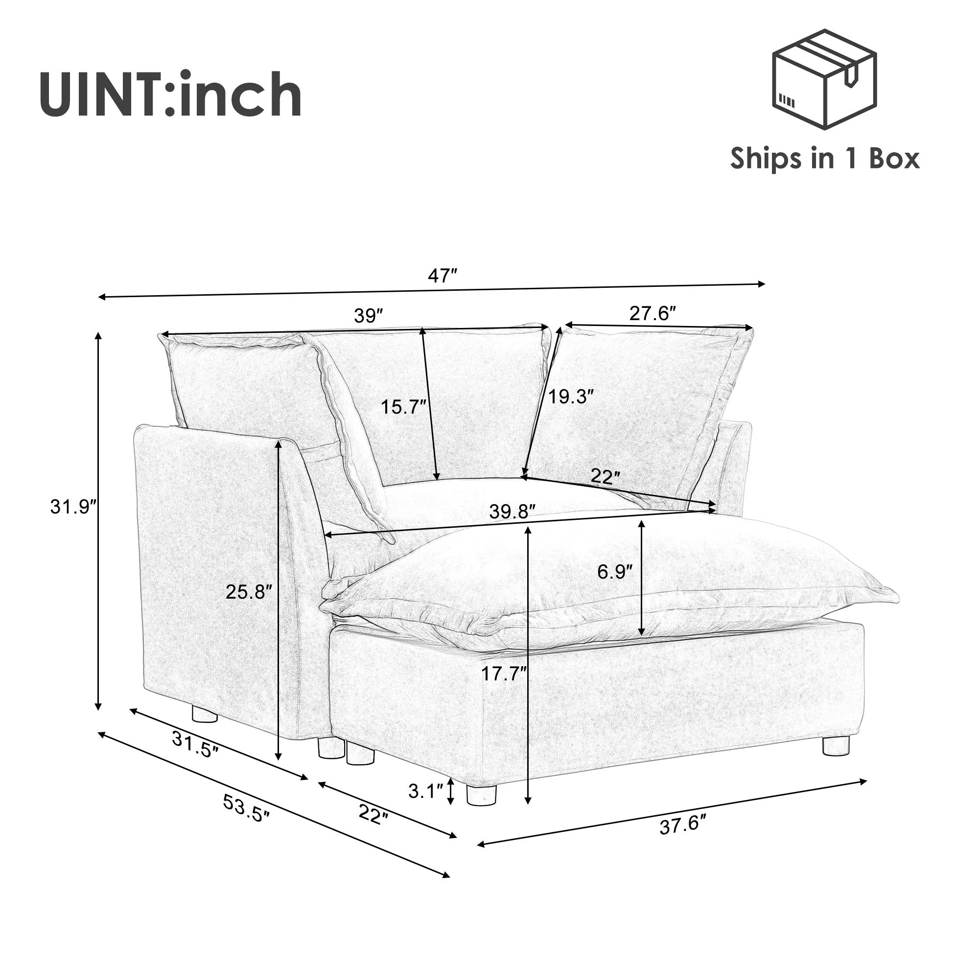 Modern Armchair Sofa 47" Cozy Upholstered Sofa Chair with Movable Ottoman - Image 3