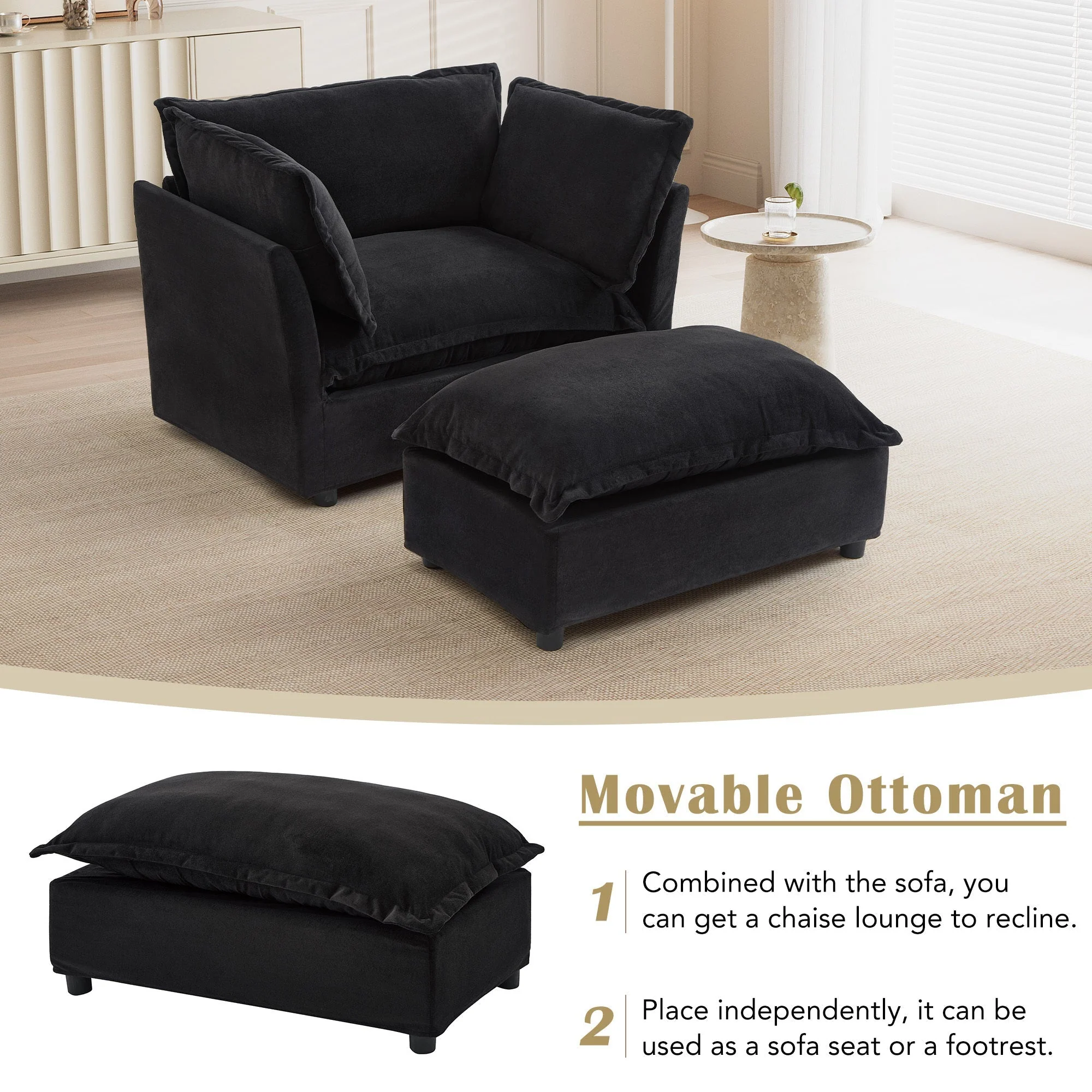 Modern Armchair Sofa 47" Cozy Upholstered Sofa Chair with Movable Ottoman - Image 5