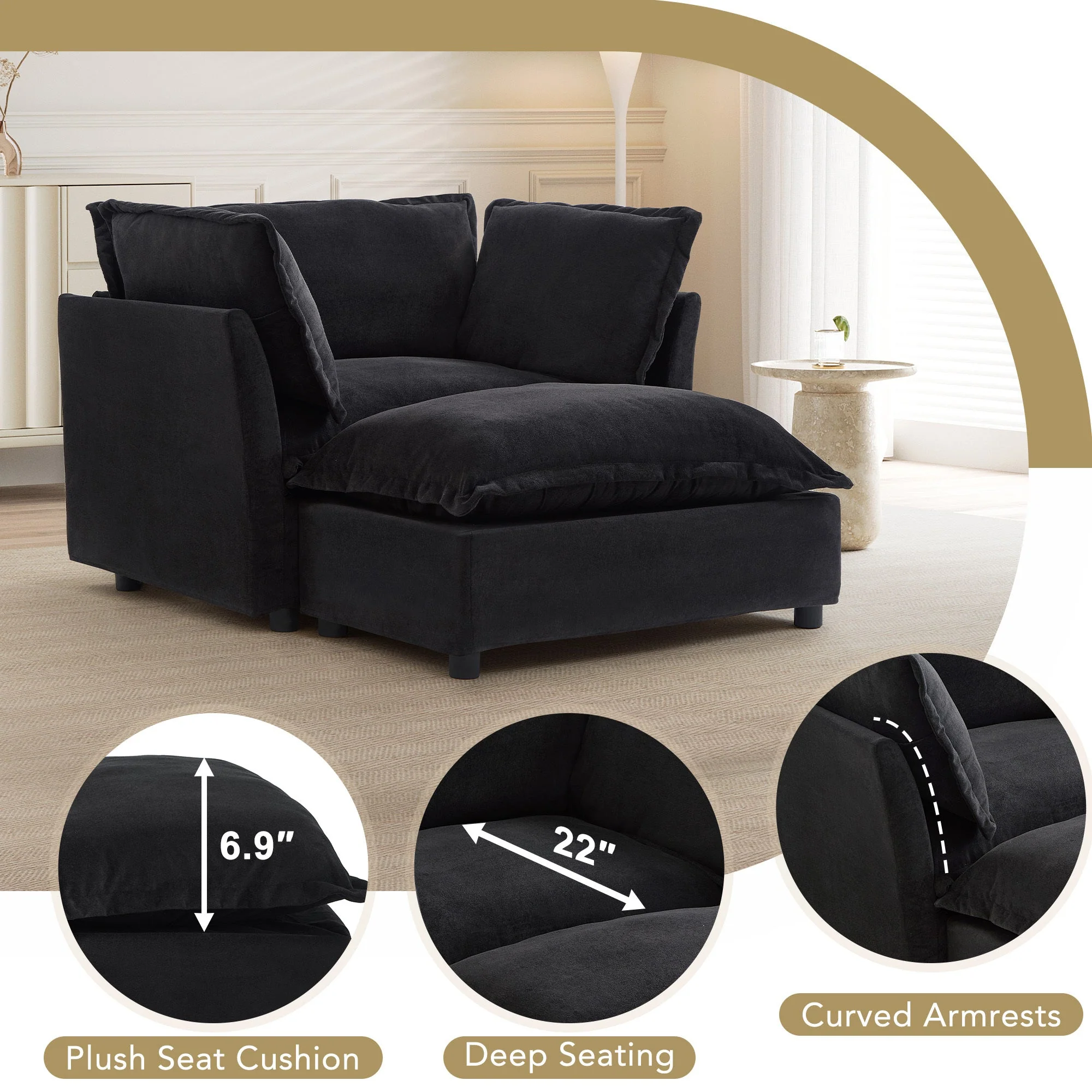Modern Armchair Sofa 47" Cozy Upholstered Sofa Chair with Movable Ottoman - Image 6