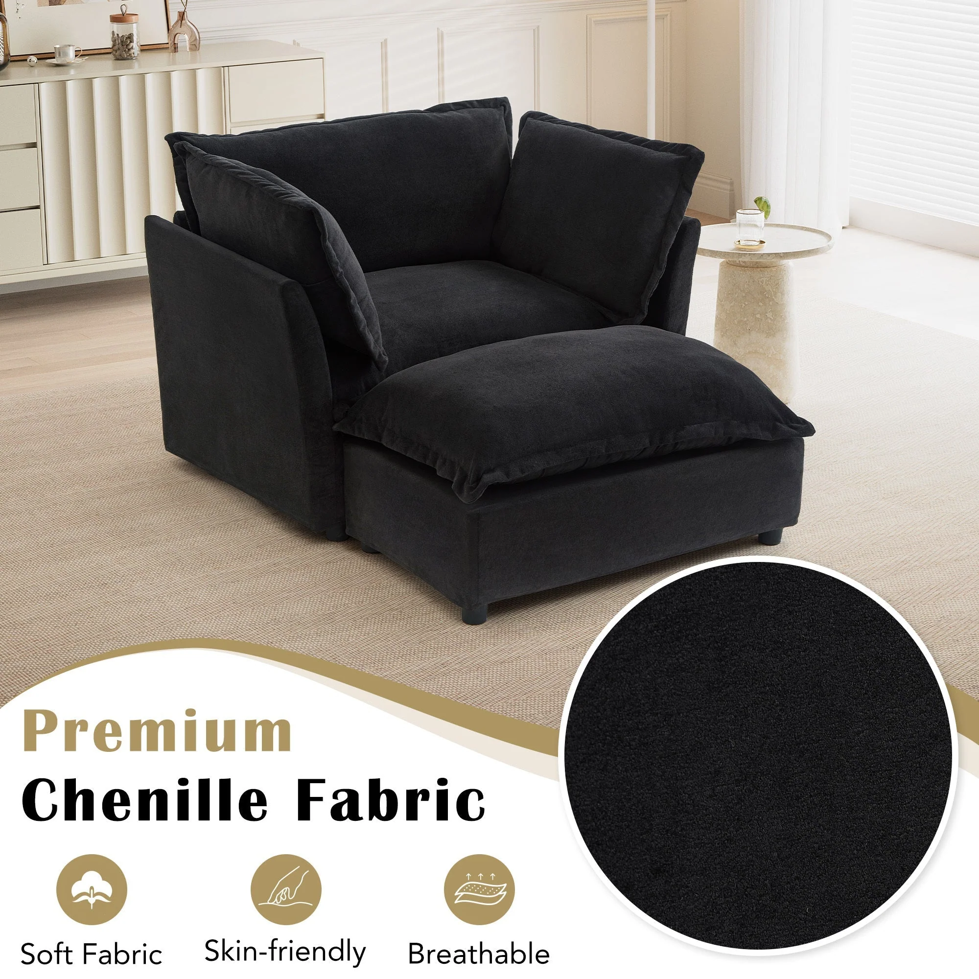Modern Armchair Sofa 47" Cozy Upholstered Sofa Chair with Movable Ottoman - Image 7