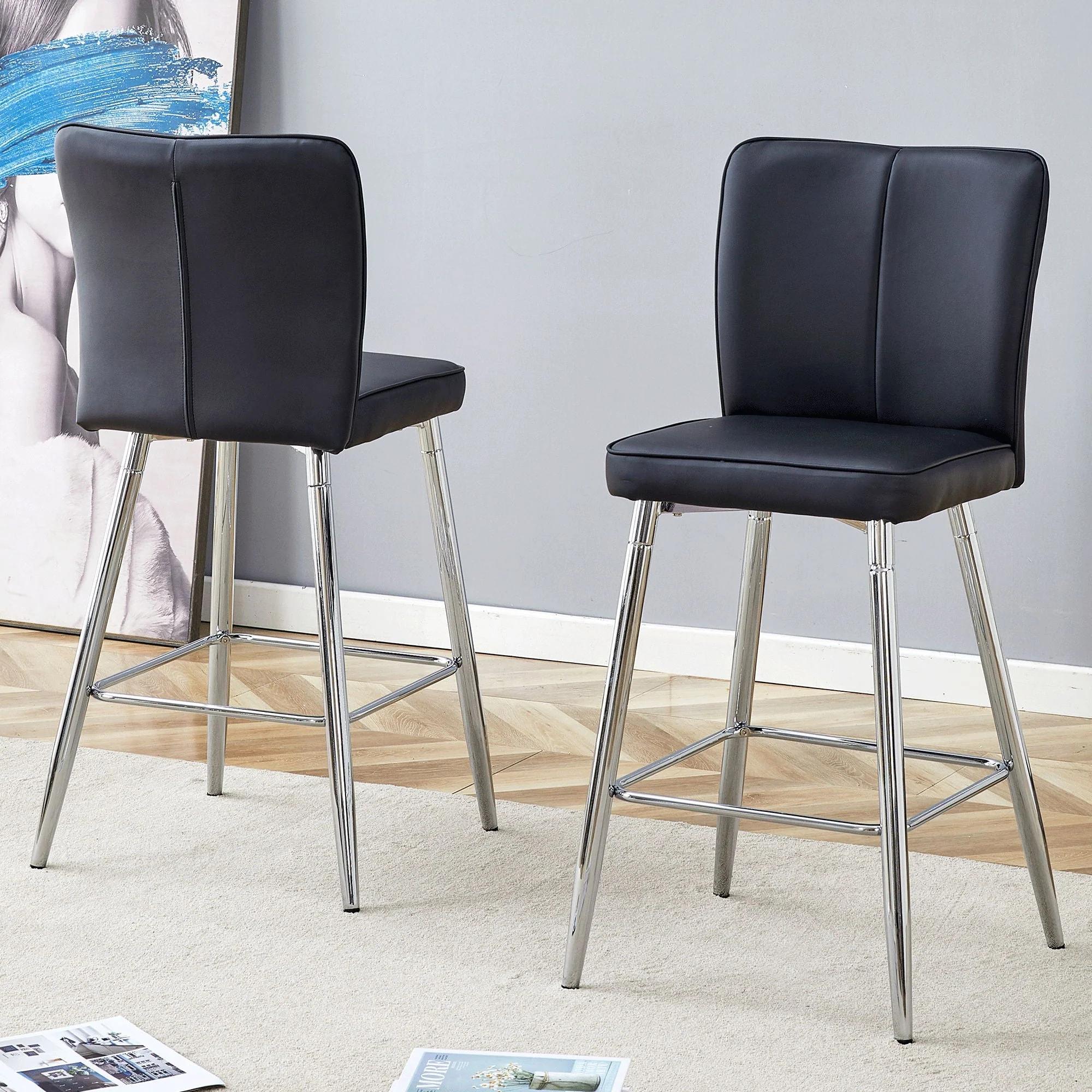 Modern Bar Chair Set Streamlined Backrest Metal Legs 2 Pieces - Black / Silver - Image 2