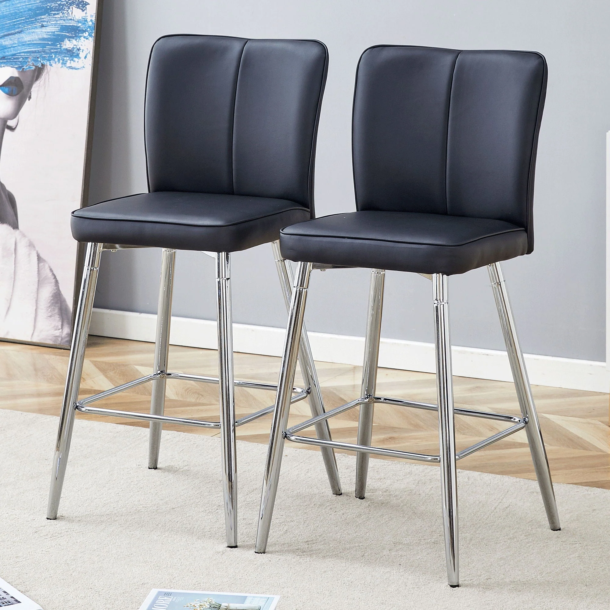 Modern Bar Chair Set Streamlined Backrest Metal Legs 2 Pieces - Black / Silver - Image 3