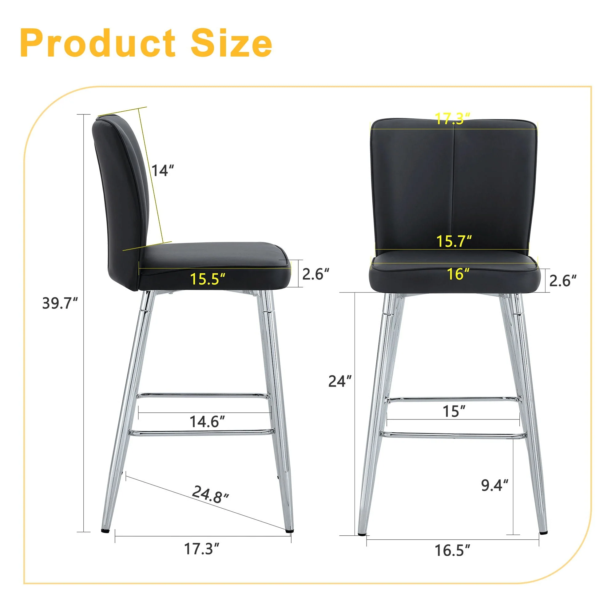 Modern Bar Chair Set Streamlined Backrest Metal Legs 2 Pieces - Black / Silver - Image 4